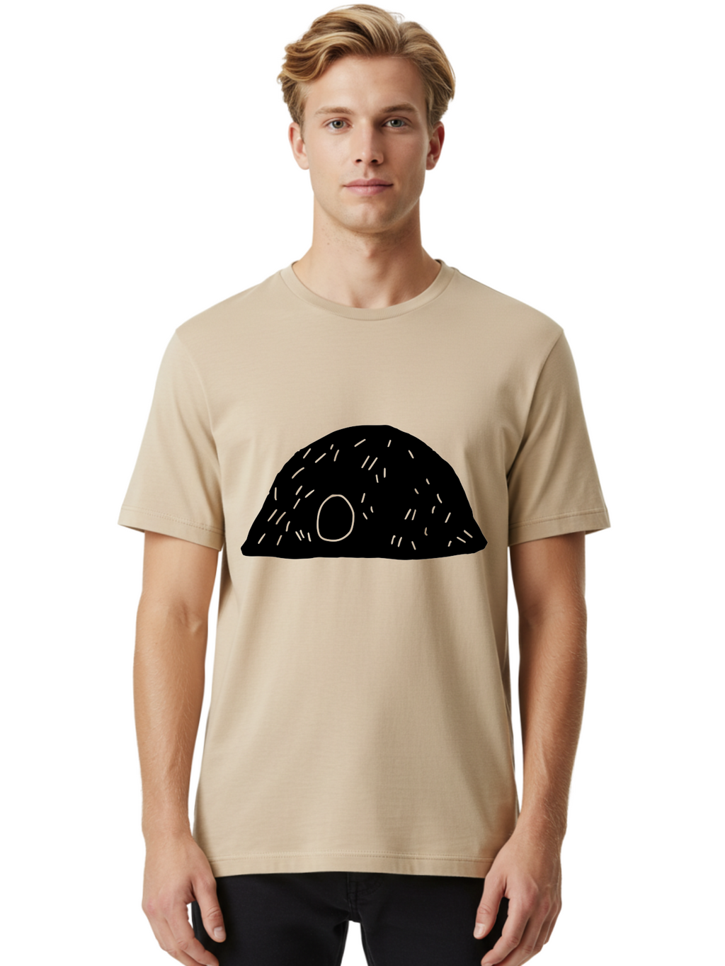 Black-Mushroom Men'S Graphic Tee, 100% Cotton, Comfortable Casual Summer Wear, Machine Washable, Black Dome Shape, Green Neon Lines, Abstract Art, Futuristic Design, Modern Graphic, Minimalist Style, Simple Shapes, Neon Accents -  Aaa584