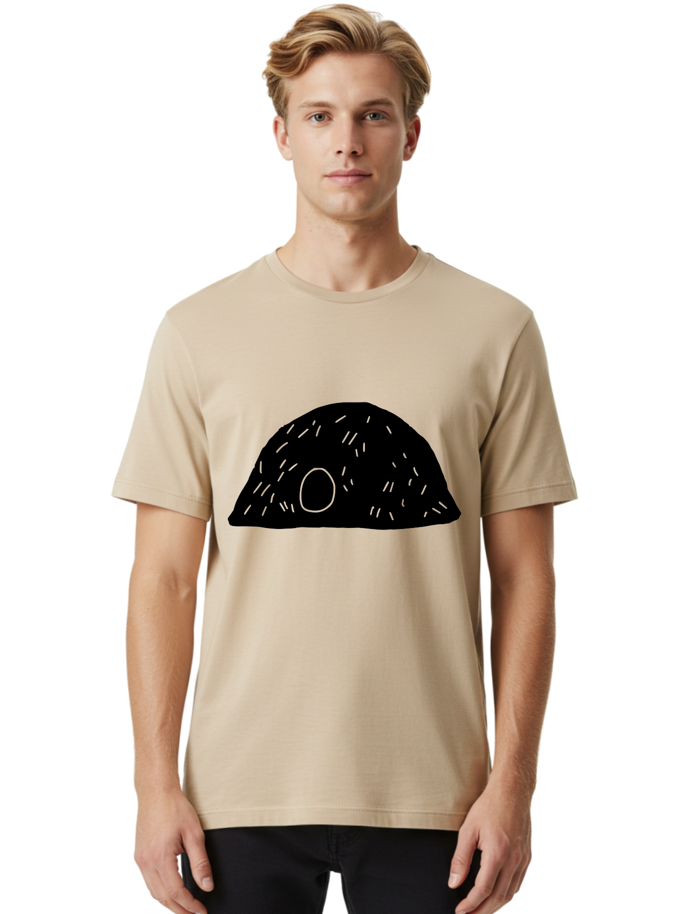 Black-Mushroom Men'S Graphic Tee, 100% Cotton, Comfortable Casual Summer Wear, Machine Washable, Black Dome Shape, Green Neon Lines, Abstract Art, Futuristic Design, Modern Graphic, Minimalist Style, Simple Shapes, Neon Accents -  Aaa584