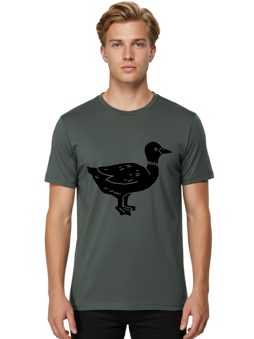Duck Men'S Graphic Tee, 100% Cotton, Comfortable Casual Summer Wear, Machine Washable, Duck Silhouette, Minimalist Art, Simple Shapes, Bird Illustration, Wildlife Graphic, Vector Art, Black And Green, Modern Design -  Aaa588