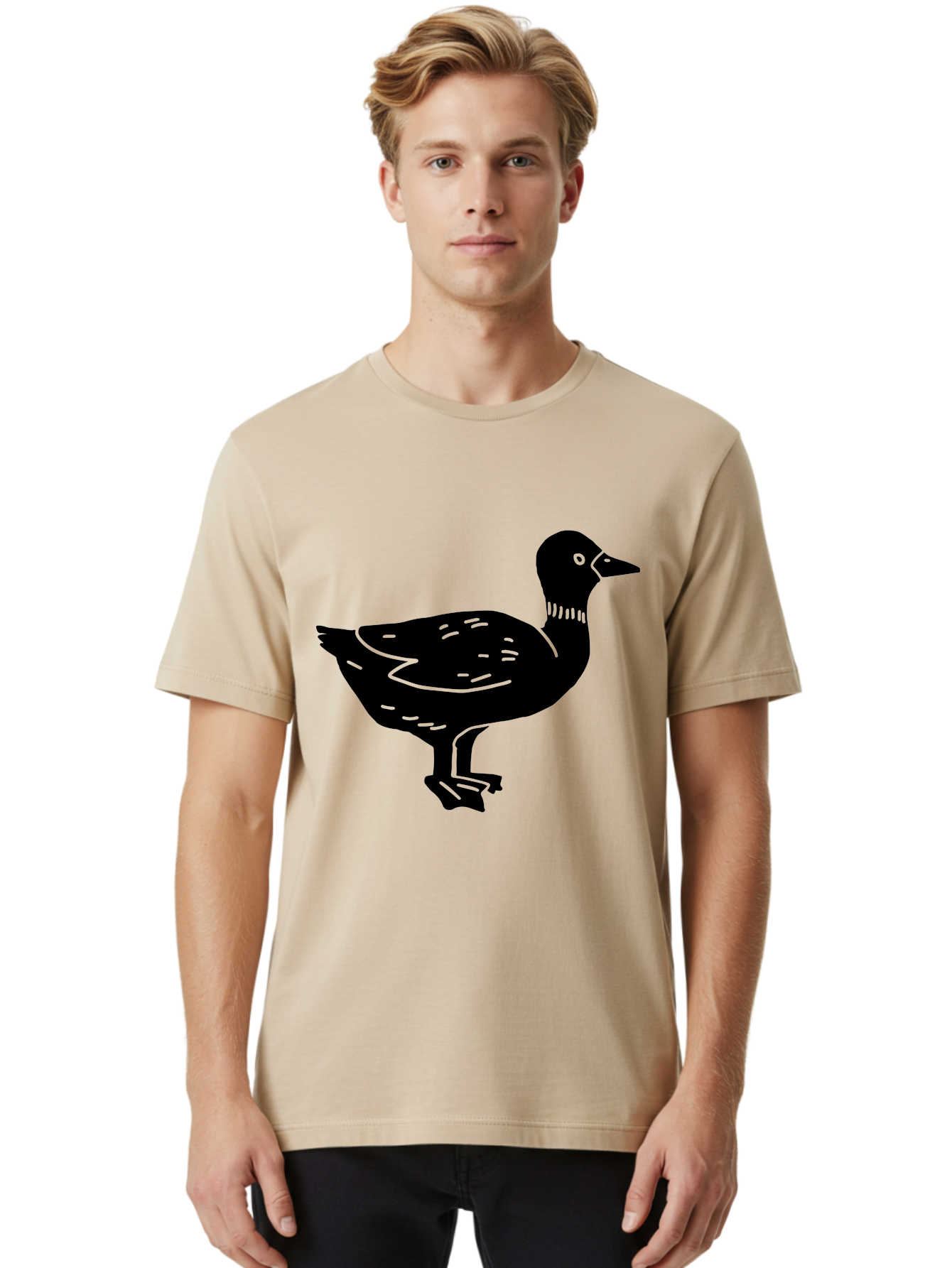 Duck Men'S Graphic Tee, 100% Cotton, Comfortable Casual Summer Wear, Machine Washable, Duck Silhouette, Minimalist Art, Simple Shapes, Bird Illustration, Wildlife Graphic, Vector Art, Black And Green, Modern Design -  Aaa588