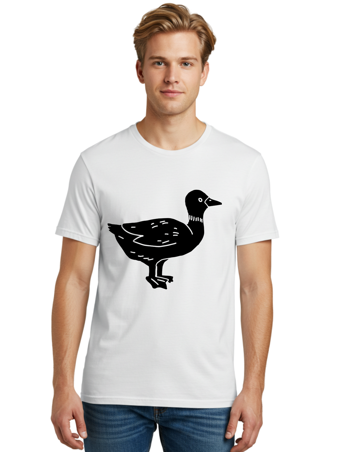 Duck Men'S Graphic Tee, 100% Cotton, Comfortable Casual Summer Wear, Machine Washable, Duck Silhouette, Minimalist Art, Simple Shapes, Bird Illustration, Wildlife Graphic, Vector Art, Black And Green, Modern Design -  Aaa588