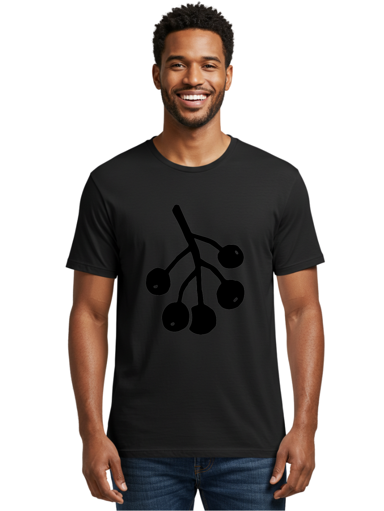 Five-Cherries Men'S Graphic Tee, 100% Cotton, Comfortable Casual Summer Wear, Machine Washable, Black Cherries Silhouette, Minimalist Design, Fruit Icon, Cherry Stem, Simple Graphics, Vector Illustration, Bold Silhouette, -  Aaa589