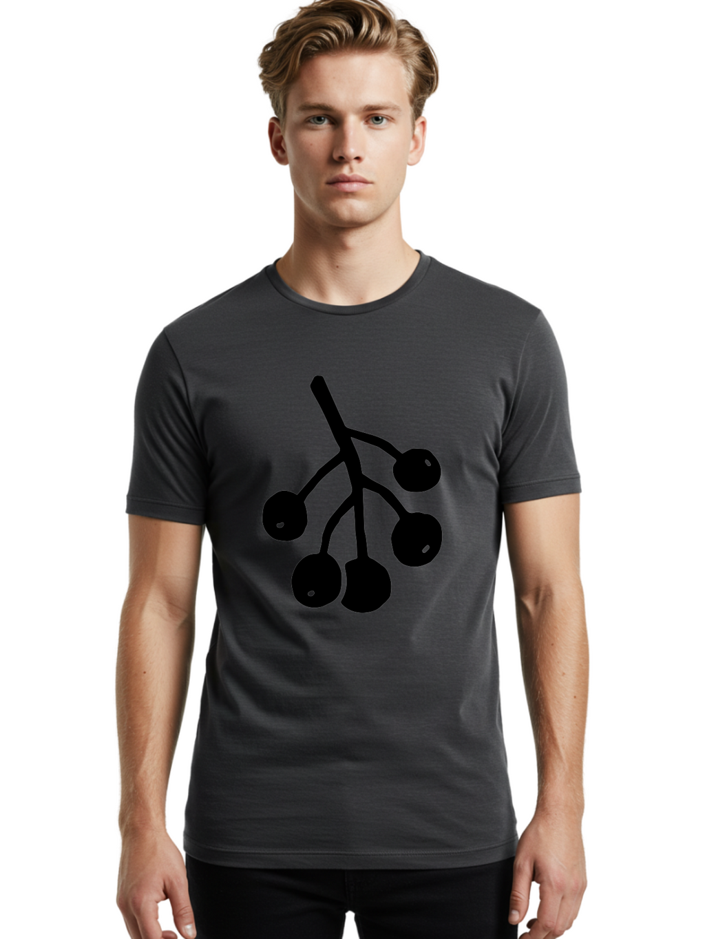 Five-Cherries Men'S Graphic Tee, 100% Cotton, Comfortable Casual Summer Wear, Machine Washable, Black Cherries Silhouette, Minimalist Design, Fruit Icon, Cherry Stem, Simple Graphics, Vector Illustration, Bold Silhouette, -  Aaa589