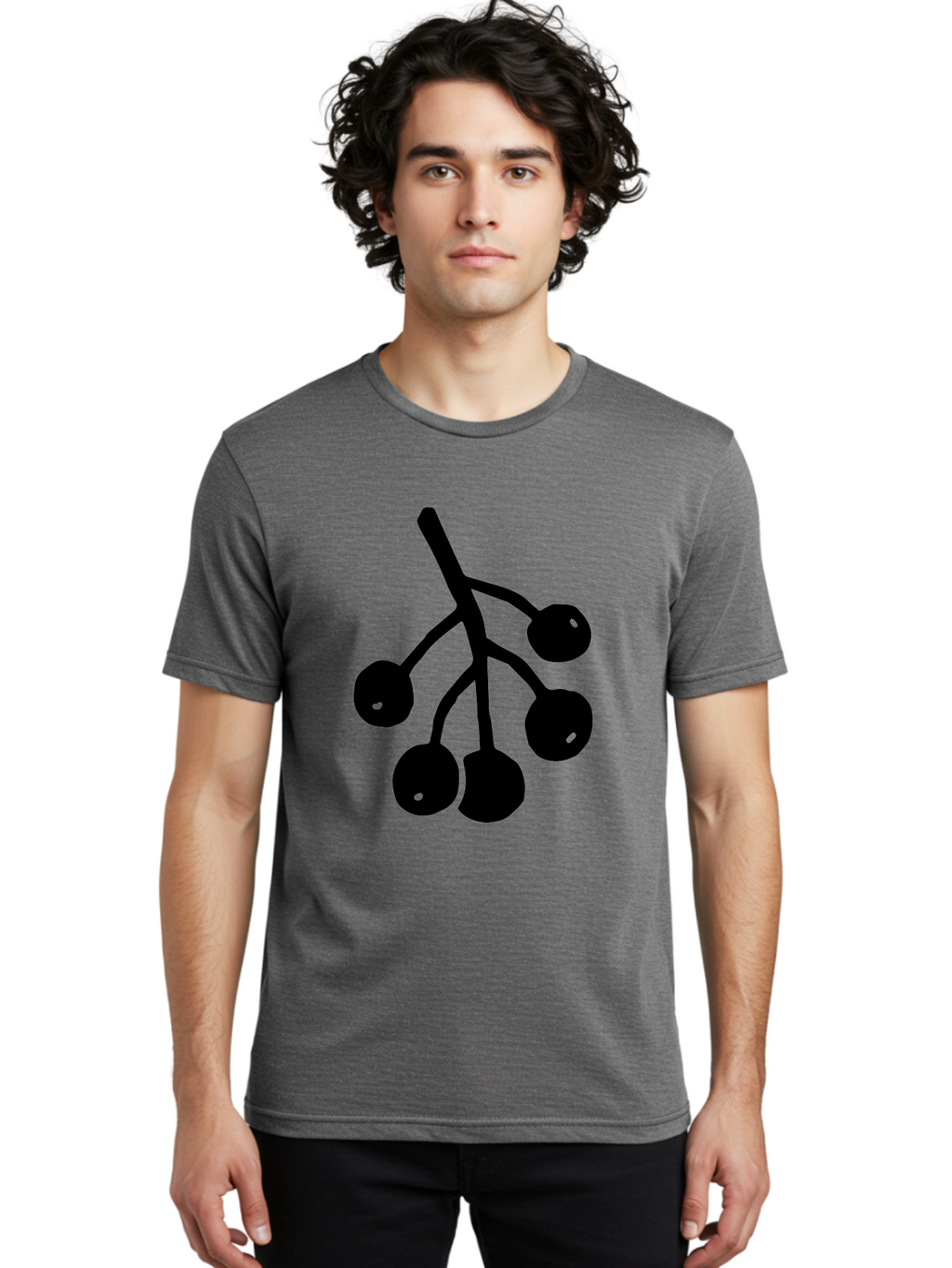 Five-Cherries Men'S Graphic Tee, 100% Cotton, Comfortable Casual Summer Wear, Machine Washable, Black Cherries Silhouette, Minimalist Design, Fruit Icon, Cherry Stem, Simple Graphics, Vector Illustration, Bold Silhouette, -  Aaa589