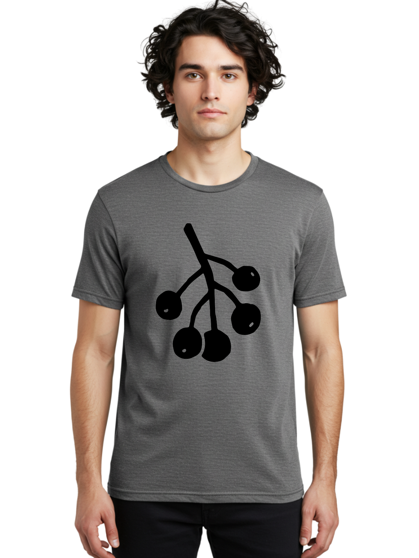 Five-Cherries Men'S Graphic Tee, 100% Cotton, Comfortable Casual Summer Wear, Machine Washable, Black Cherries Silhouette, Minimalist Design, Fruit Icon, Cherry Stem, Simple Graphics, Vector Illustration, Bold Silhouette, -  Aaa589