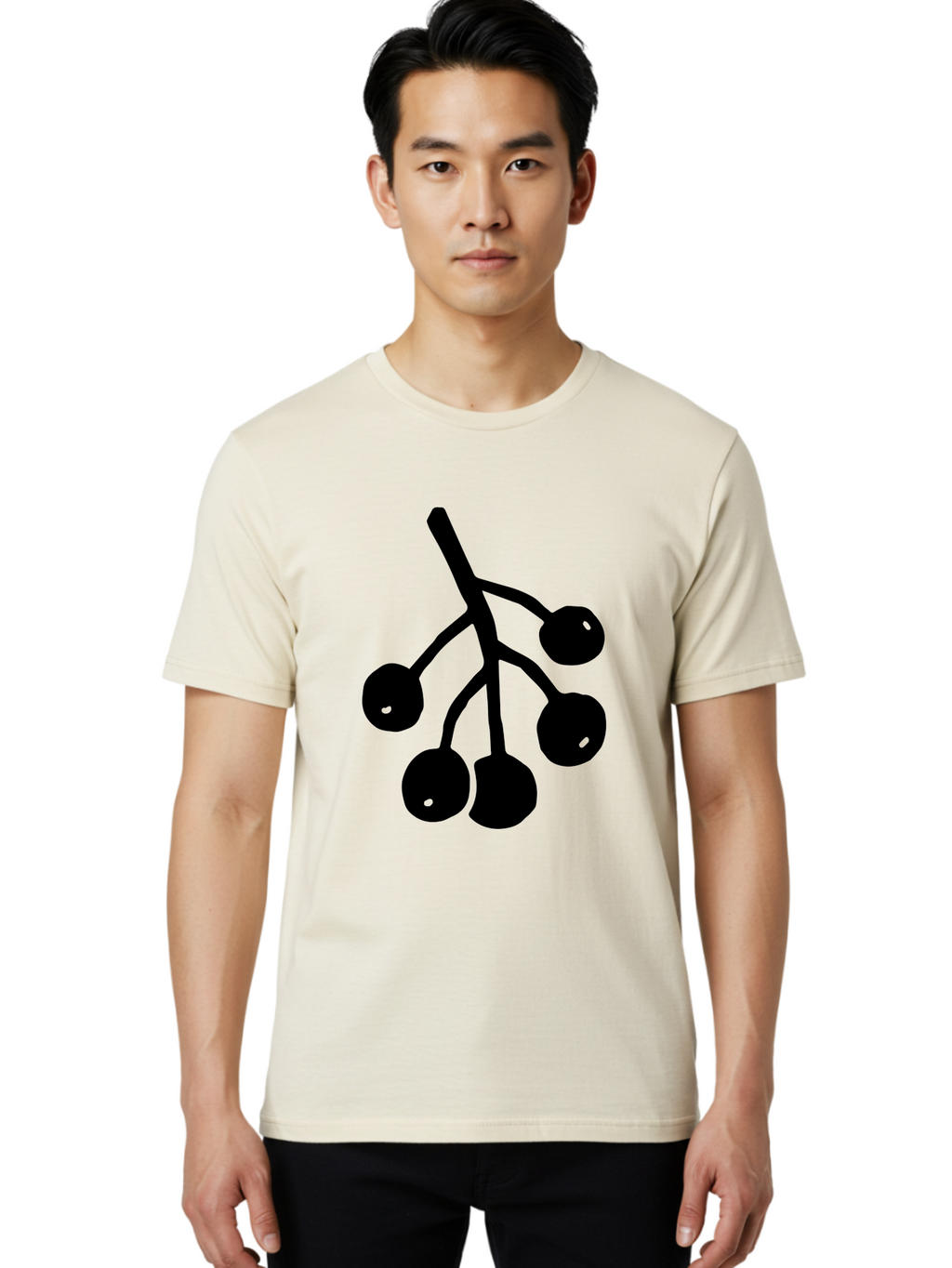 Five-Cherries Men'S Graphic Tee, 100% Cotton, Comfortable Casual Summer Wear, Machine Washable, Black Cherries Silhouette, Minimalist Design, Fruit Icon, Cherry Stem, Simple Graphics, Vector Illustration, Bold Silhouette, -  Aaa589