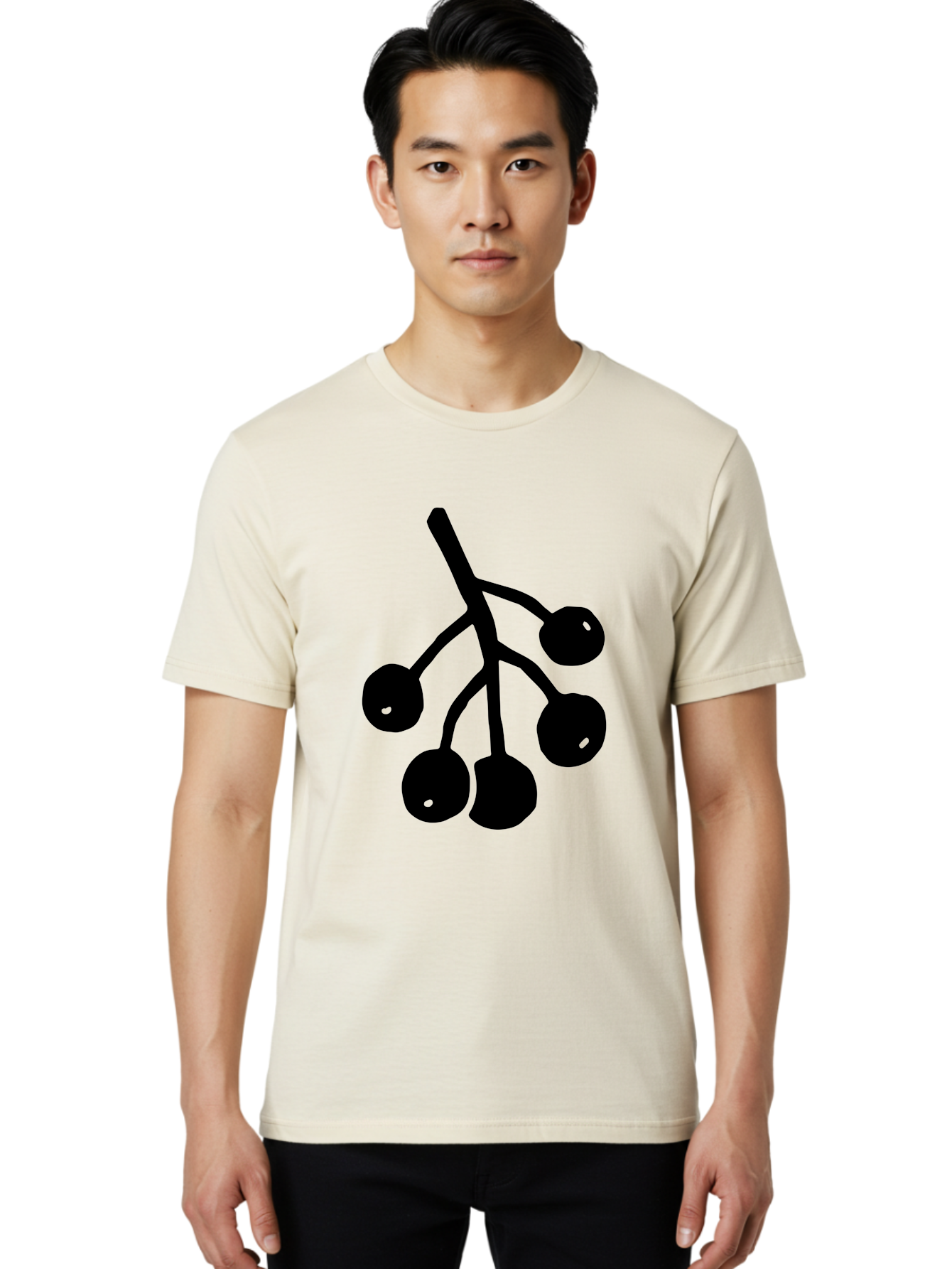 Five-Cherries Men'S Graphic Tee, 100% Cotton, Comfortable Casual Summer Wear, Machine Washable, Black Cherries Silhouette, Minimalist Design, Fruit Icon, Cherry Stem, Simple Graphics, Vector Illustration, Bold Silhouette, -  Aaa589
