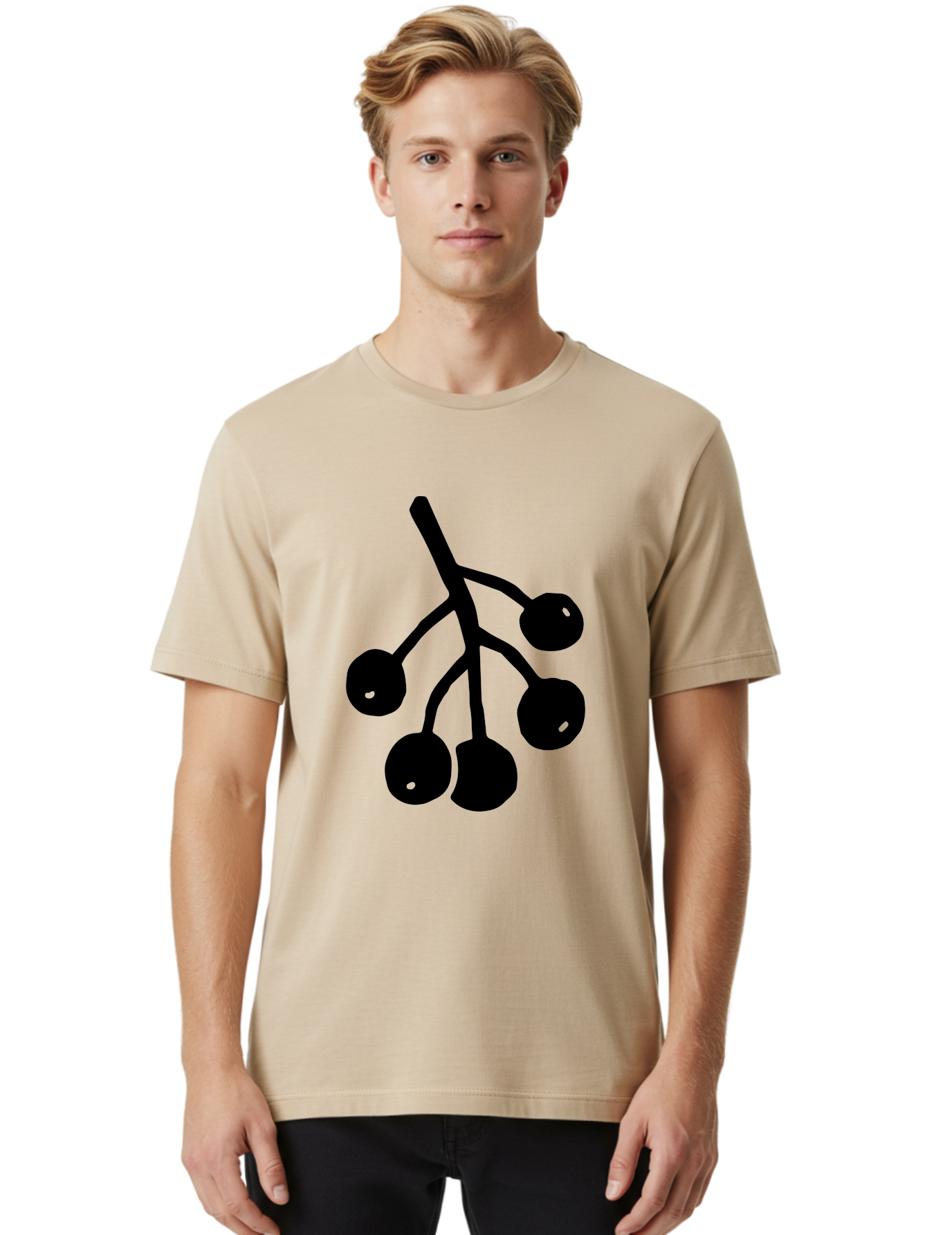 Five-Cherries Men'S Graphic Tee, 100% Cotton, Comfortable Casual Summer Wear, Machine Washable, Black Cherries Silhouette, Minimalist Design, Fruit Icon, Cherry Stem, Simple Graphics, Vector Illustration, Bold Silhouette, -  Aaa589