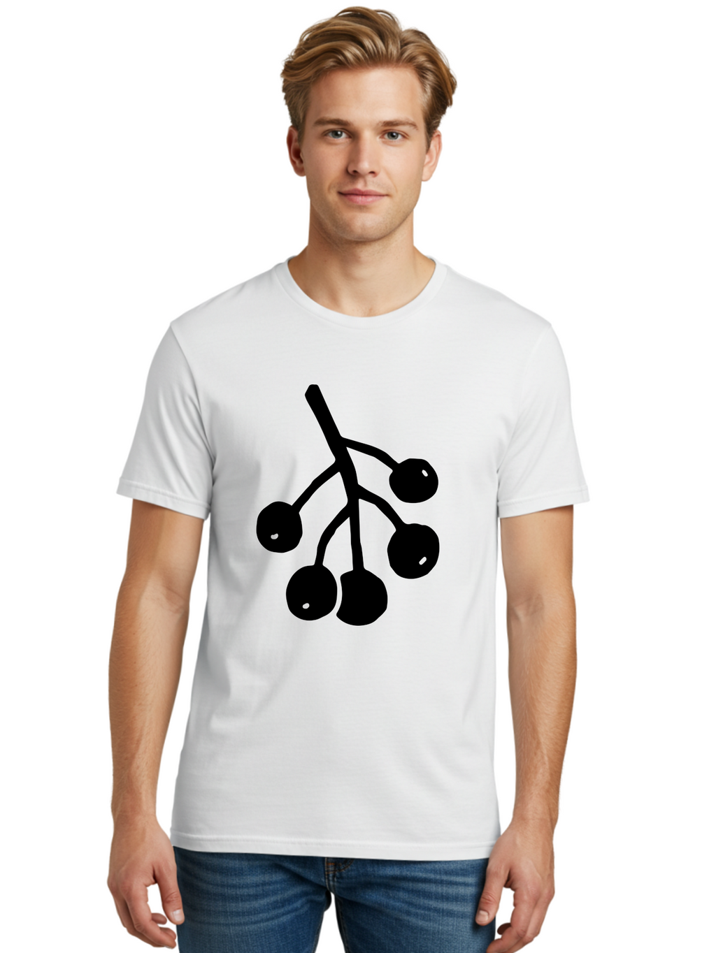 Five-Cherries Men'S Graphic Tee, 100% Cotton, Comfortable Casual Summer Wear, Machine Washable, Black Cherries Silhouette, Minimalist Design, Fruit Icon, Cherry Stem, Simple Graphics, Vector Illustration, Bold Silhouette, -  Aaa589