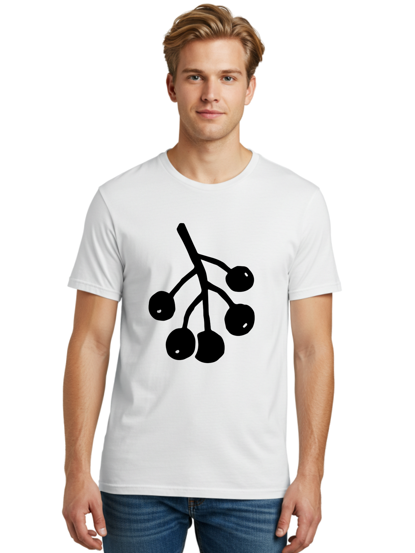 Five-Cherries Men'S Graphic Tee, 100% Cotton, Comfortable Casual Summer Wear, Machine Washable, Black Cherries Silhouette, Minimalist Design, Fruit Icon, Cherry Stem, Simple Graphics, Vector Illustration, Bold Silhouette, -  Aaa589