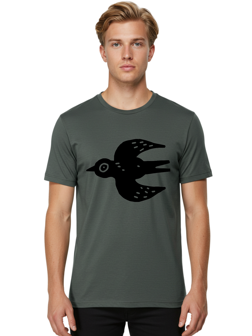 Flying-Bird Men'S Graphic Tee, 100% Cotton, Comfortable Casual Summer Wear, Machine Washable, Black Bird Silhouette, Bird In Flight, Simple Design, Graphic Illustration, Minimalist Art, Wildlife Symbol, Flying Bird, Abstract Shape, -  Aaa591