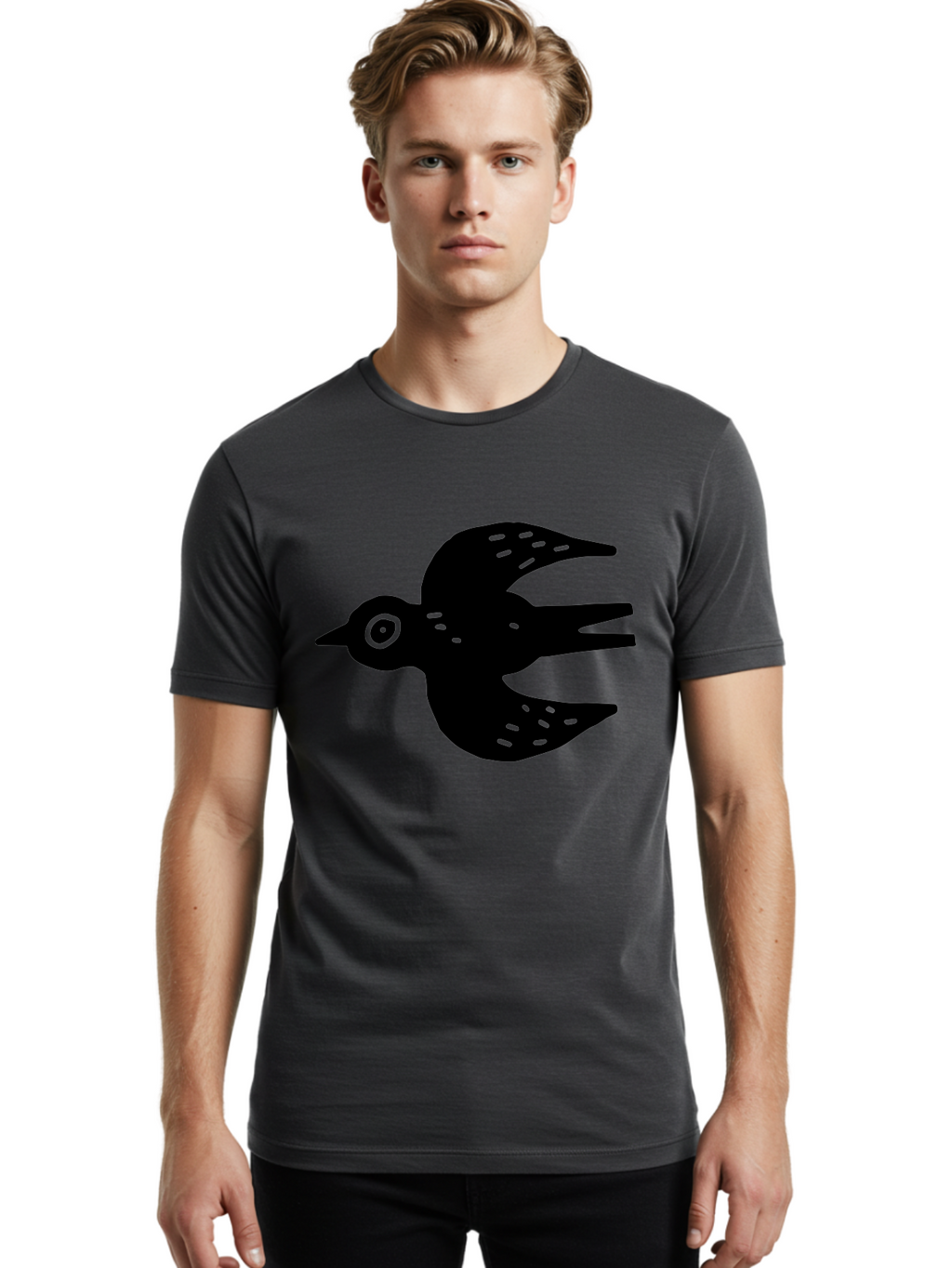 Flying-Bird Men'S Graphic Tee, 100% Cotton, Comfortable Casual Summer Wear, Machine Washable, Black Bird Silhouette, Bird In Flight, Simple Design, Graphic Illustration, Minimalist Art, Wildlife Symbol, Flying Bird, Abstract Shape, -  Aaa591