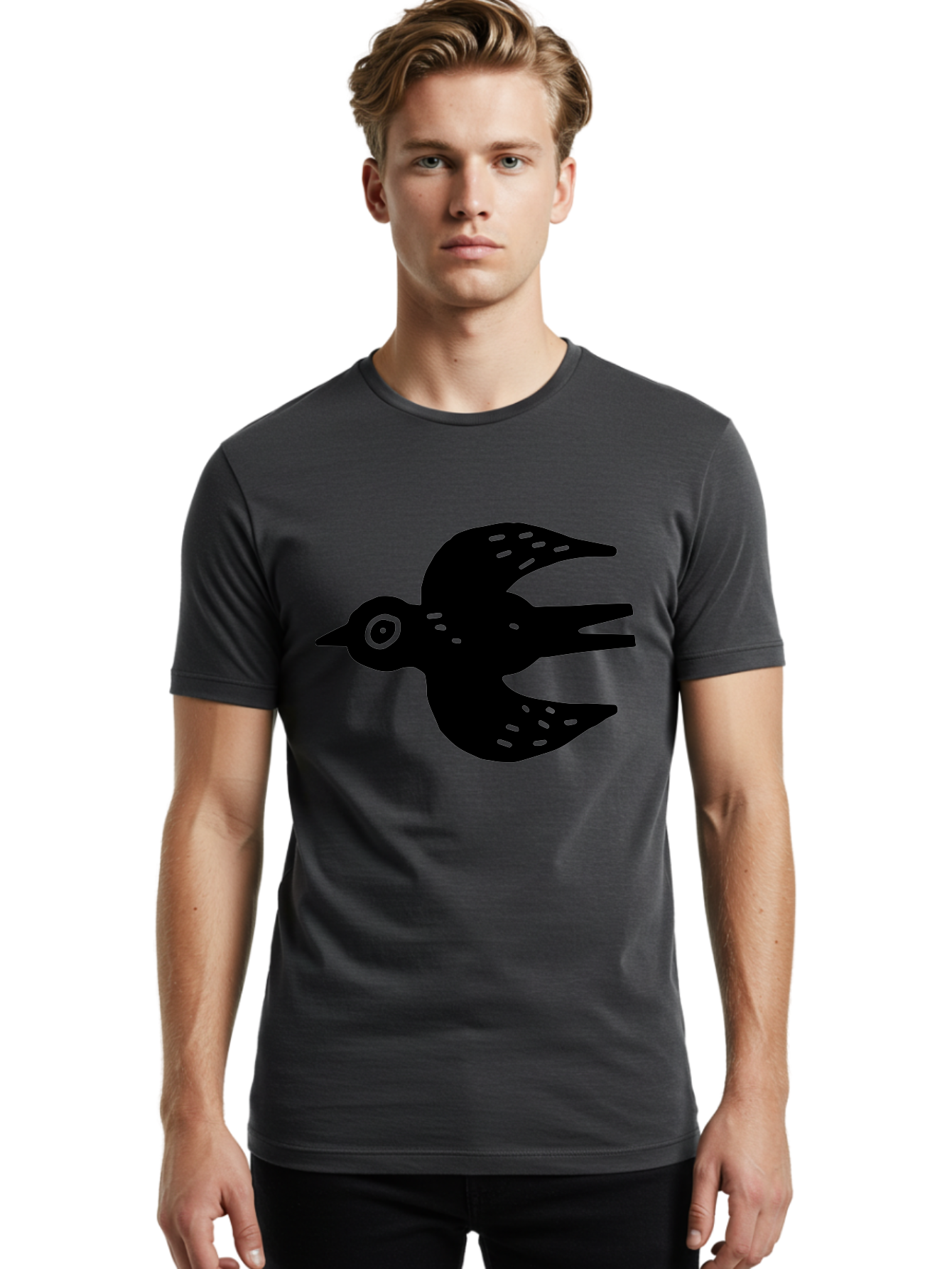 Flying-Bird Men'S Graphic Tee, 100% Cotton, Comfortable Casual Summer Wear, Machine Washable, Black Bird Silhouette, Bird In Flight, Simple Design, Graphic Illustration, Minimalist Art, Wildlife Symbol, Flying Bird, Abstract Shape, -  Aaa591