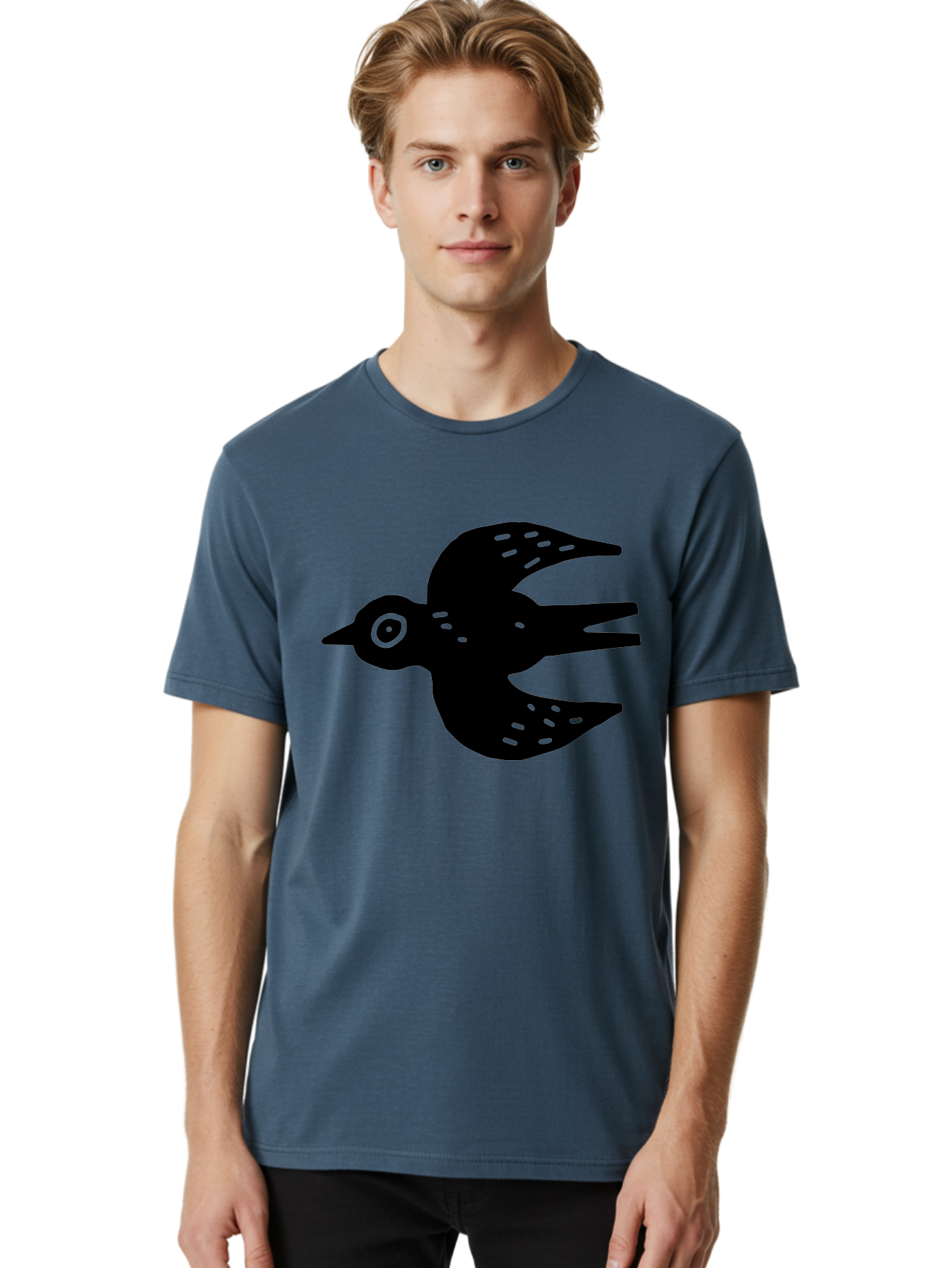 Flying-Bird Men'S Graphic Tee, 100% Cotton, Comfortable Casual Summer Wear, Machine Washable, Black Bird Silhouette, Bird In Flight, Simple Design, Graphic Illustration, Minimalist Art, Wildlife Symbol, Flying Bird, Abstract Shape, -  Aaa591