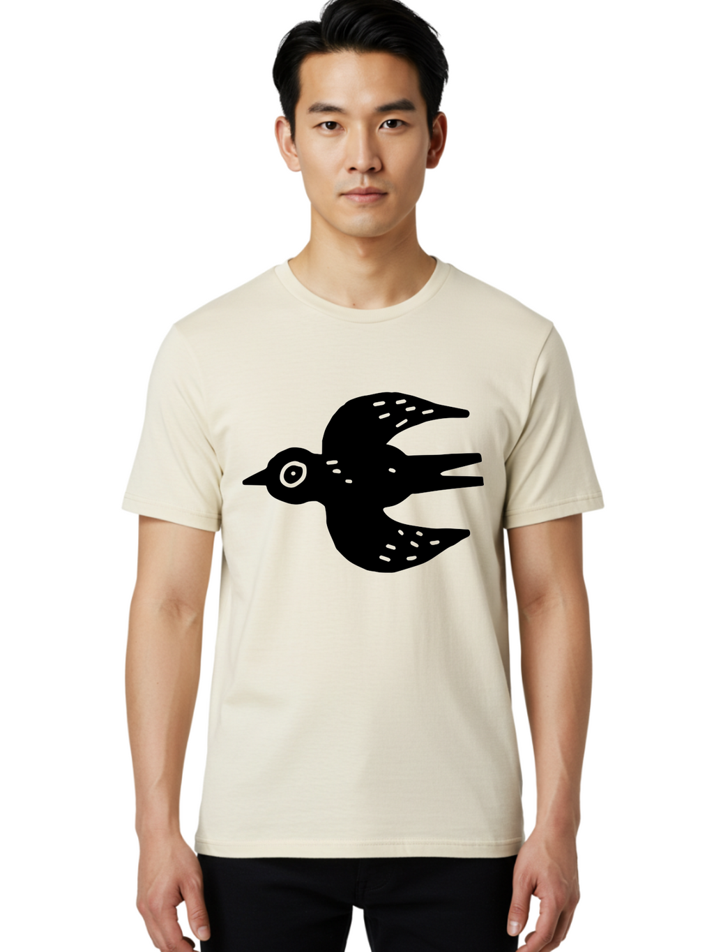 Flying-Bird Men'S Graphic Tee, 100% Cotton, Comfortable Casual Summer Wear, Machine Washable, Black Bird Silhouette, Bird In Flight, Simple Design, Graphic Illustration, Minimalist Art, Wildlife Symbol, Flying Bird, Abstract Shape, -  Aaa591
