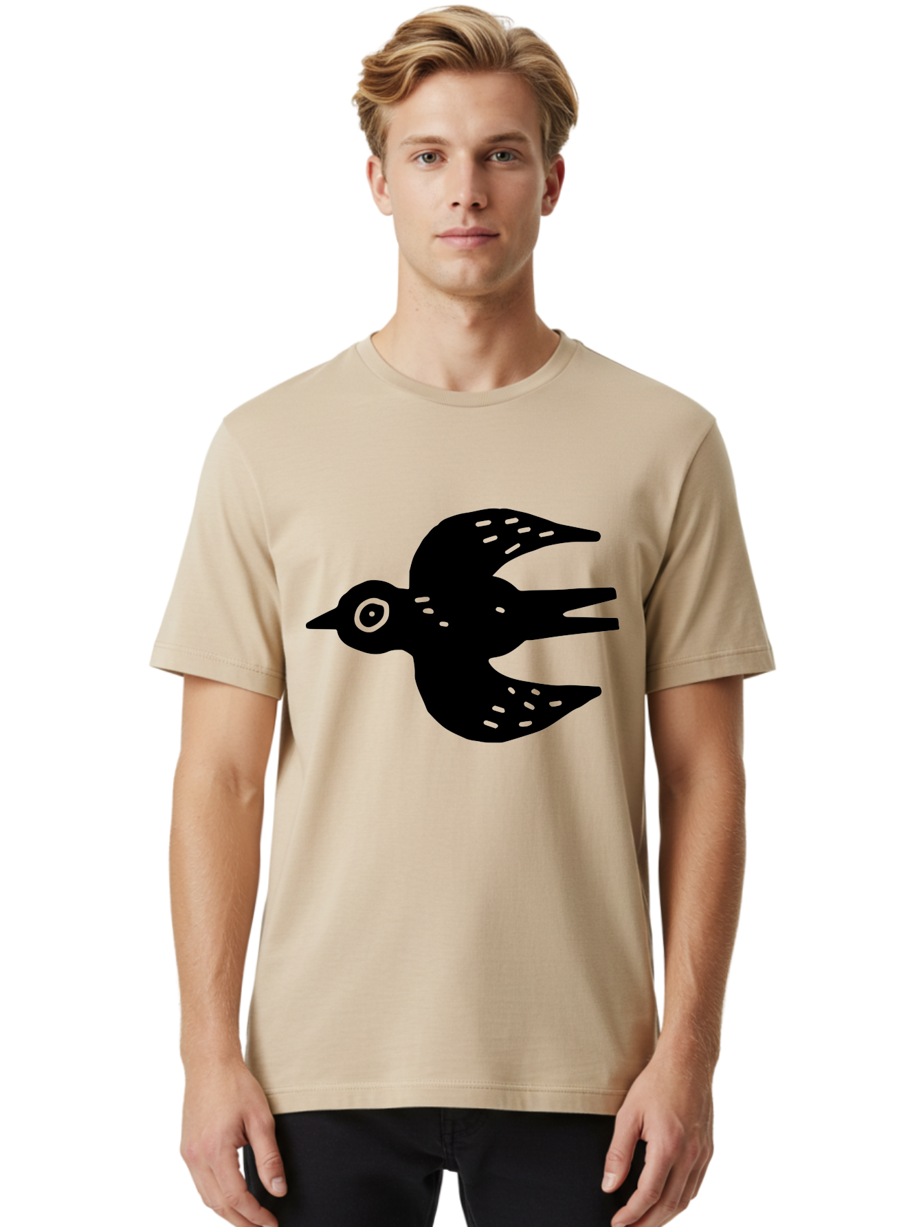 Flying-Bird Men'S Graphic Tee, 100% Cotton, Comfortable Casual Summer Wear, Machine Washable, Black Bird Silhouette, Bird In Flight, Simple Design, Graphic Illustration, Minimalist Art, Wildlife Symbol, Flying Bird, Abstract Shape, -  Aaa591