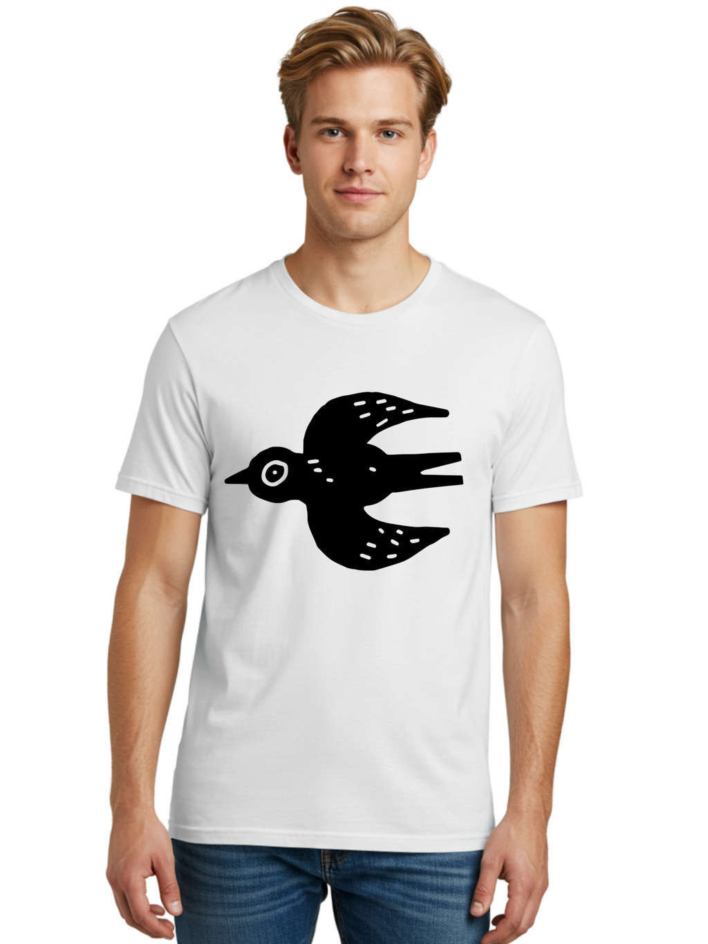 Flying-Bird Men'S Graphic Tee, 100% Cotton, Comfortable Casual Summer Wear, Machine Washable, Black Bird Silhouette, Bird In Flight, Simple Design, Graphic Illustration, Minimalist Art, Wildlife Symbol, Flying Bird, Abstract Shape, -  Aaa591
