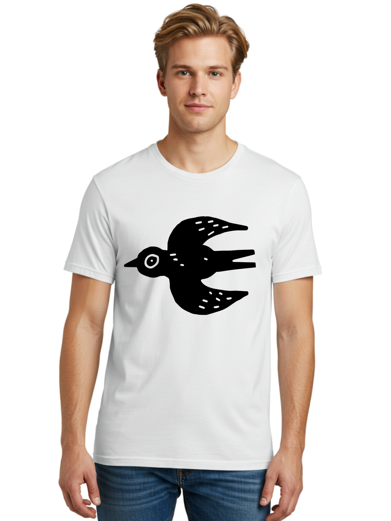 Flying-Bird Men'S Graphic Tee, 100% Cotton, Comfortable Casual Summer Wear, Machine Washable, Black Bird Silhouette, Bird In Flight, Simple Design, Graphic Illustration, Minimalist Art, Wildlife Symbol, Flying Bird, Abstract Shape, -  Aaa591
