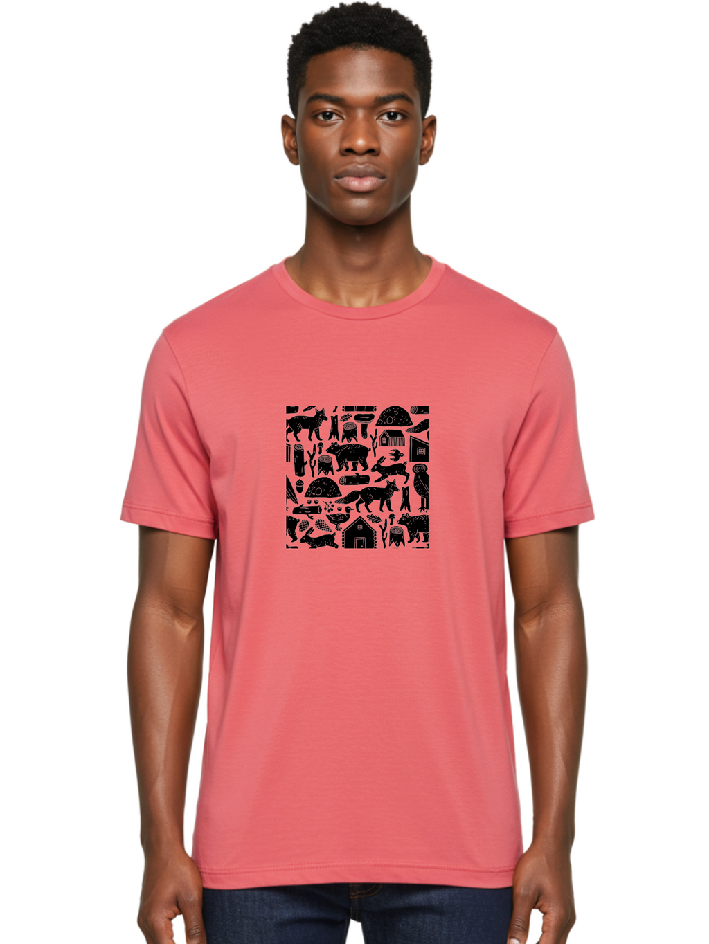 Forest-Animals-Pattern Men'S Graphic Tee, 100% Cotton, Comfortable Casual Summer Wear, Machine Washable, Woodland Animals, Forest Wildlife, Rustic Houses, Trees, Birds, Wildlife Art, Woodsy Landscape, Nature Illustrations, Forest Patterns, -  Aaa592