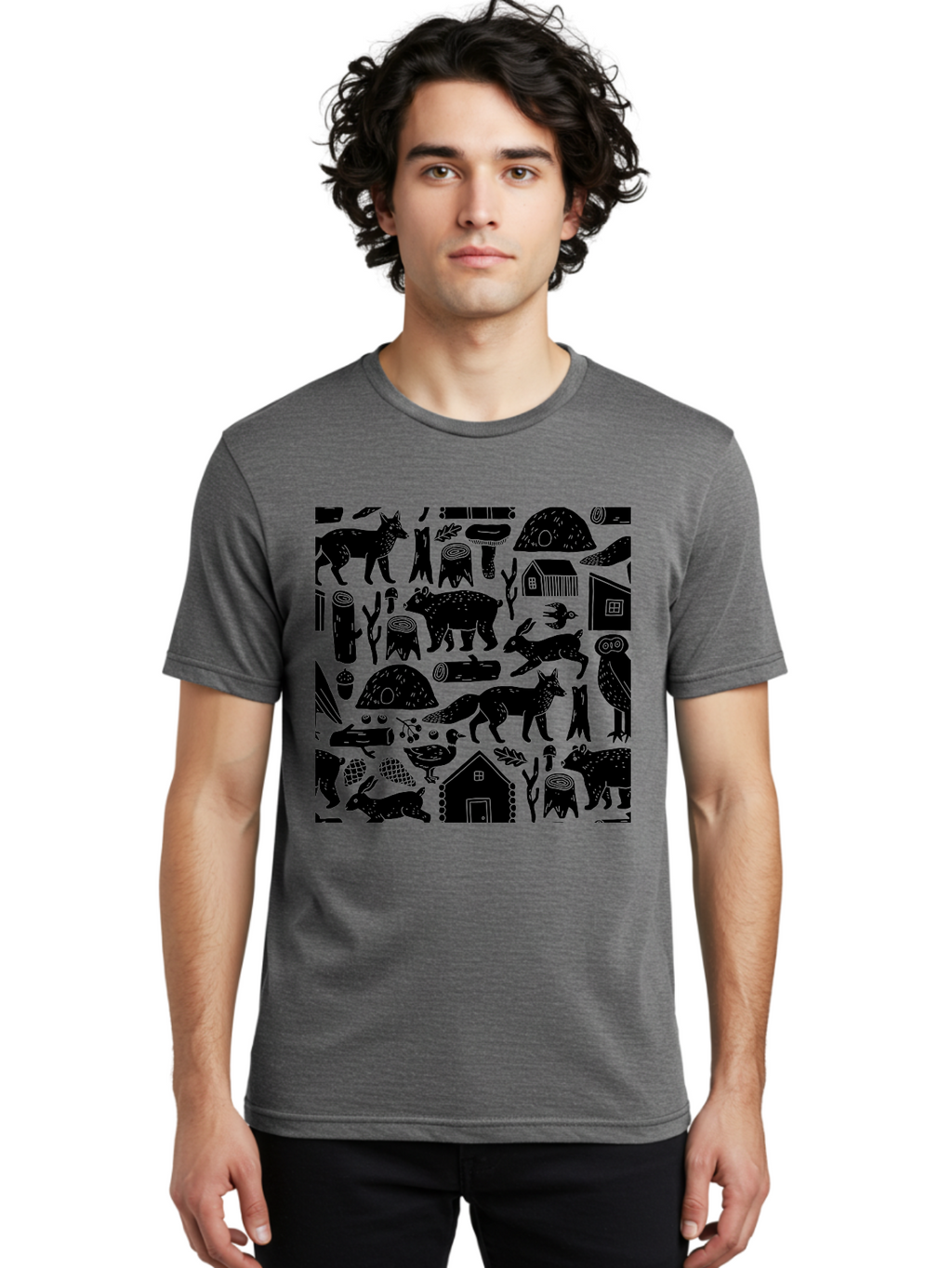 Forest-Animals-Pattern Men'S Graphic Tee, 100% Cotton, Comfortable Casual Summer Wear, Machine Washable, Woodland Animals, Forest Wildlife, Rustic Houses, Trees, Birds, Wildlife Art, Woodsy Landscape, Nature Illustrations, Forest Patterns, -  Aaa592
