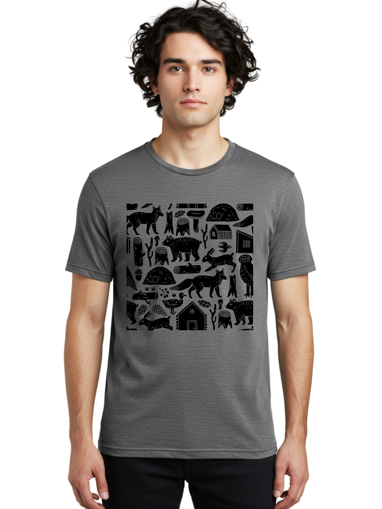 Forest-Animals-Pattern Men'S Graphic Tee, 100% Cotton, Comfortable Casual Summer Wear, Machine Washable, Woodland Animals, Forest Wildlife, Rustic Houses, Trees, Birds, Wildlife Art, Woodsy Landscape, Nature Illustrations, Forest Patterns, -  Aaa592