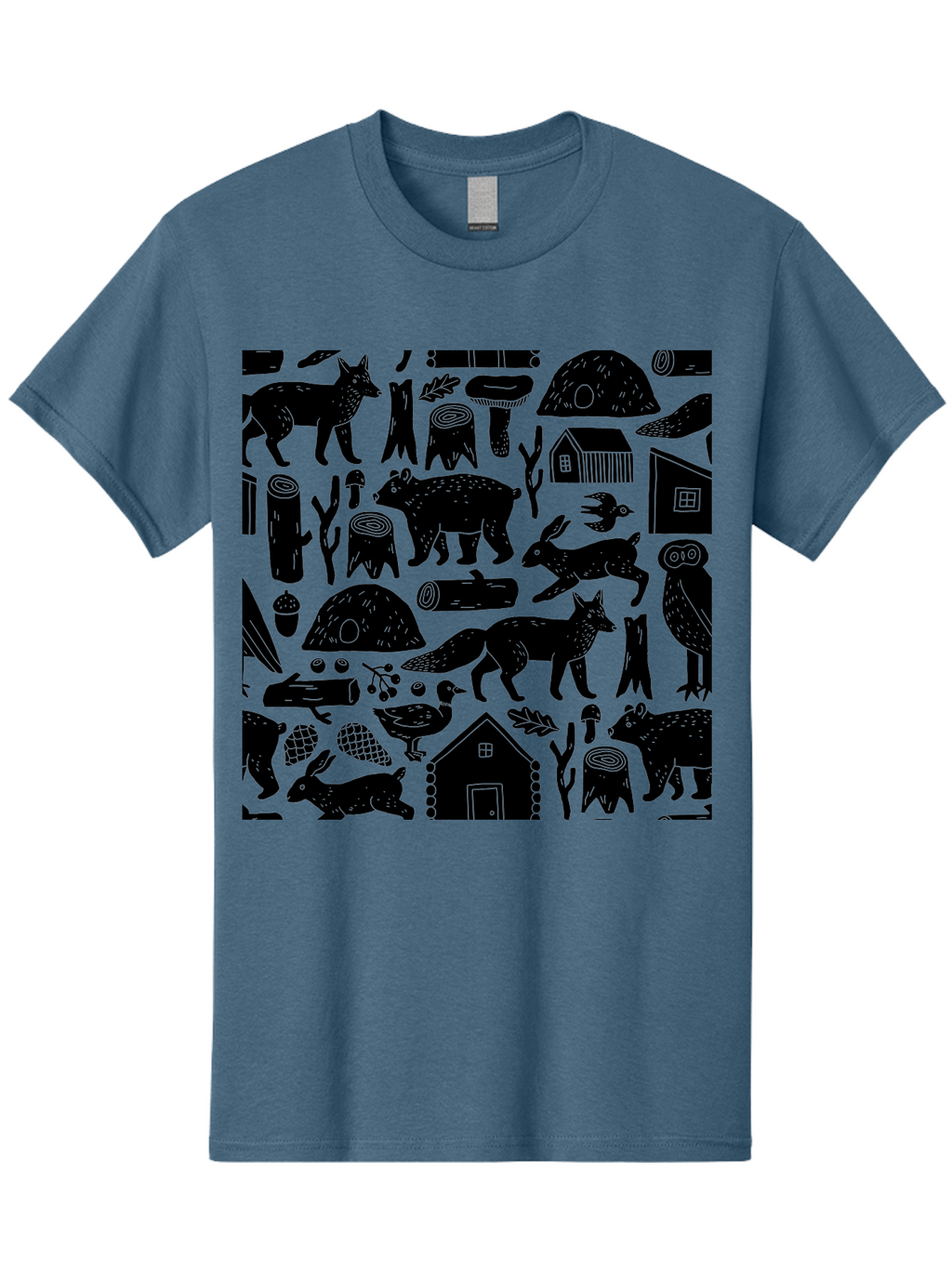 Forest-Animals-Pattern Men'S Graphic Tee, 100% Cotton, Comfortable Casual Summer Wear, Machine Washable, Woodland Animals, Forest Wildlife, Rustic Houses, Trees, Birds, Wildlife Art, Woodsy Landscape, Nature Illustrations, Forest Patterns, -  Aaa592