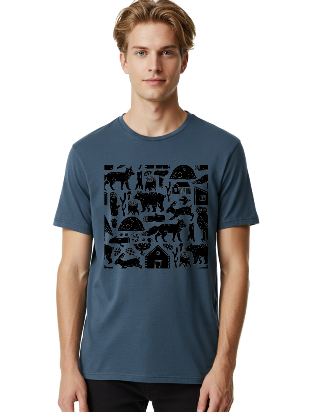 Forest-Animals-Pattern Men'S Graphic Tee, 100% Cotton, Comfortable Casual Summer Wear, Machine Washable, Woodland Animals, Forest Wildlife, Rustic Houses, Trees, Birds, Wildlife Art, Woodsy Landscape, Nature Illustrations, Forest Patterns, -  Aaa592