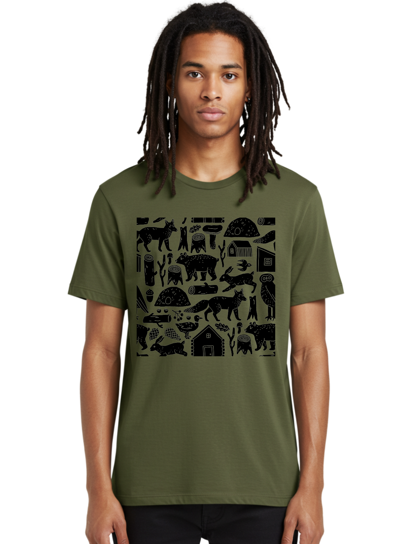 Forest-Animals-Pattern Men'S Graphic Tee, 100% Cotton, Comfortable Casual Summer Wear, Machine Washable, Woodland Animals, Forest Wildlife, Rustic Houses, Trees, Birds, Wildlife Art, Woodsy Landscape, Nature Illustrations, Forest Patterns, -  Aaa592