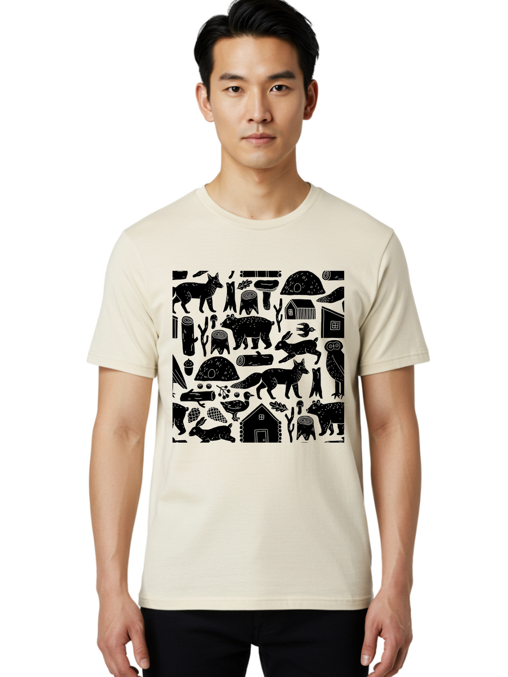 Forest-Animals-Pattern Men'S Graphic Tee, 100% Cotton, Comfortable Casual Summer Wear, Machine Washable, Woodland Animals, Forest Wildlife, Rustic Houses, Trees, Birds, Wildlife Art, Woodsy Landscape, Nature Illustrations, Forest Patterns, -  Aaa592