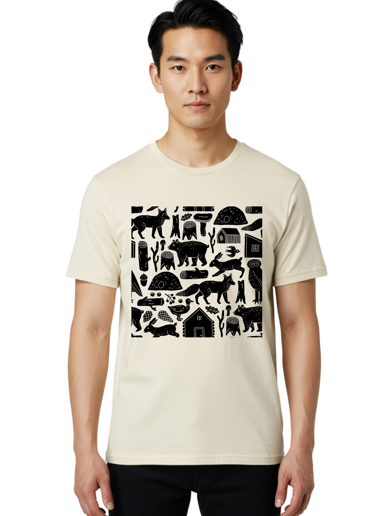 Forest-Animals-Pattern Men'S Graphic Tee, 100% Cotton, Comfortable Casual Summer Wear, Machine Washable, Woodland Animals, Forest Wildlife, Rustic Houses, Trees, Birds, Wildlife Art, Woodsy Landscape, Nature Illustrations, Forest Patterns, -  Aaa592