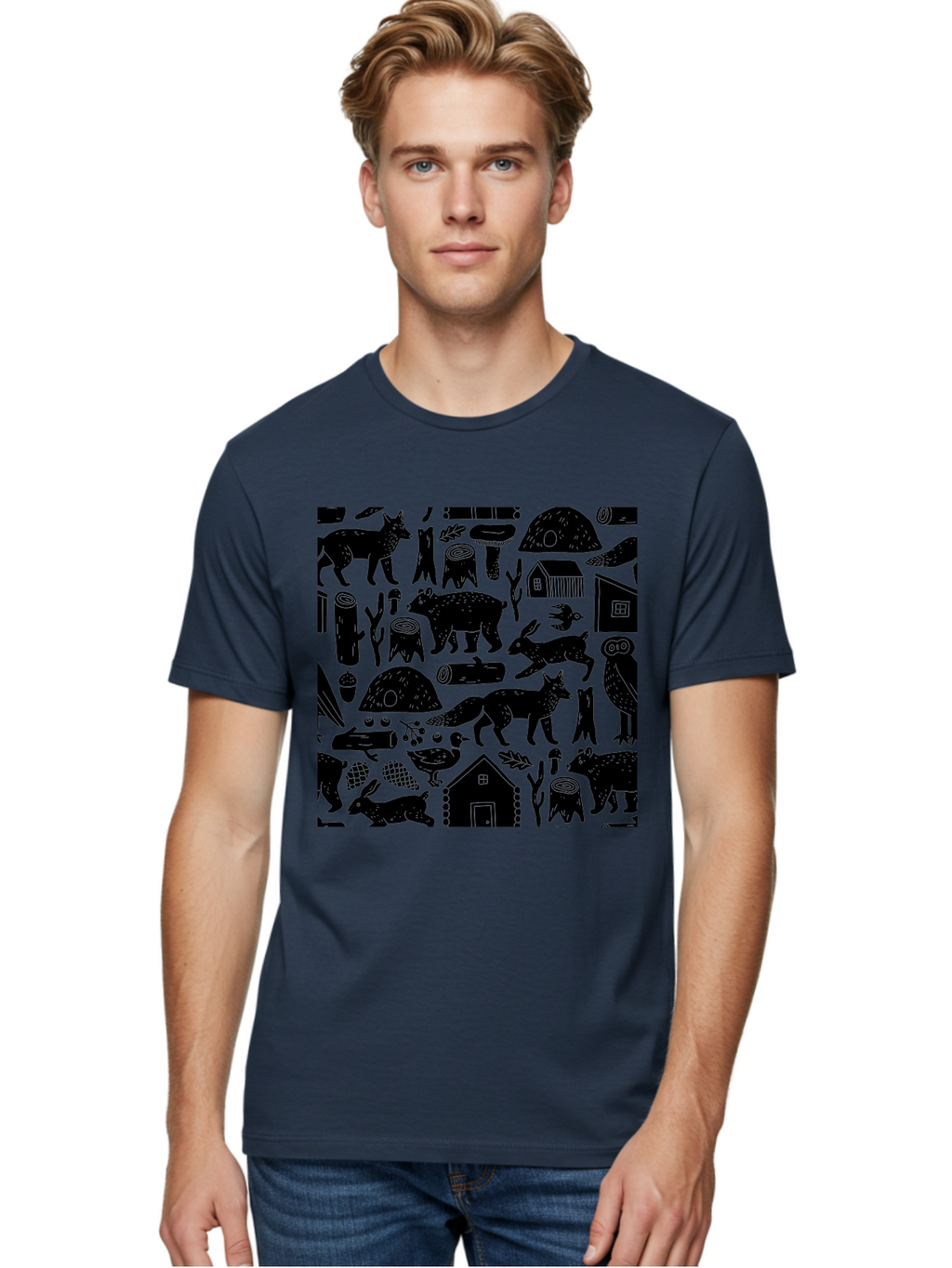 Forest-Animals-Pattern Men'S Graphic Tee, 100% Cotton, Comfortable Casual Summer Wear, Machine Washable, Woodland Animals, Forest Wildlife, Rustic Houses, Trees, Birds, Wildlife Art, Woodsy Landscape, Nature Illustrations, Forest Patterns, -  Aaa592