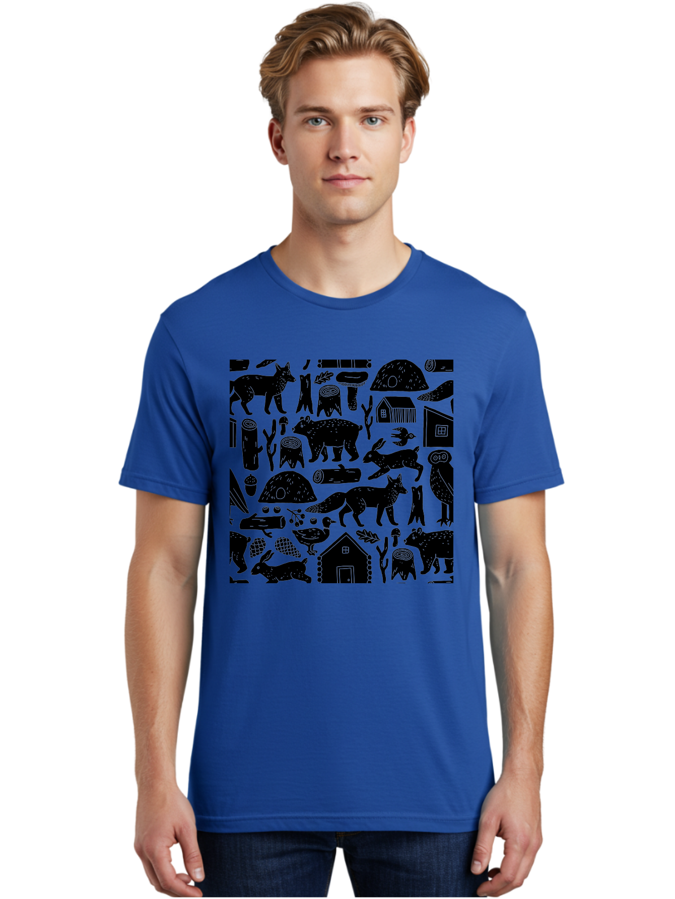 Forest-Animals-Pattern Men'S Graphic Tee, 100% Cotton, Comfortable Casual Summer Wear, Machine Washable, Woodland Animals, Forest Wildlife, Rustic Houses, Trees, Birds, Wildlife Art, Woodsy Landscape, Nature Illustrations, Forest Patterns, -  Aaa592