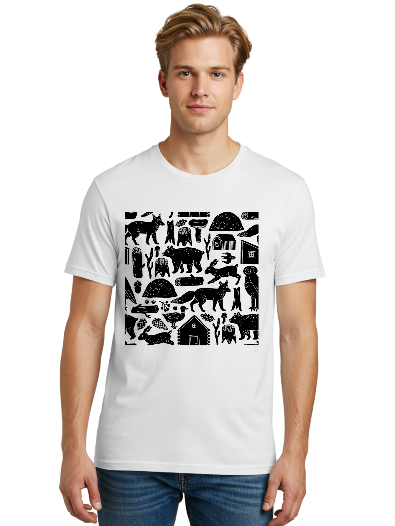 Forest-Animals-Pattern Men'S Graphic Tee, 100% Cotton, Comfortable Casual Summer Wear, Machine Washable, Woodland Animals, Forest Wildlife, Rustic Houses, Trees, Birds, Wildlife Art, Woodsy Landscape, Nature Illustrations, Forest Patterns, -  Aaa592