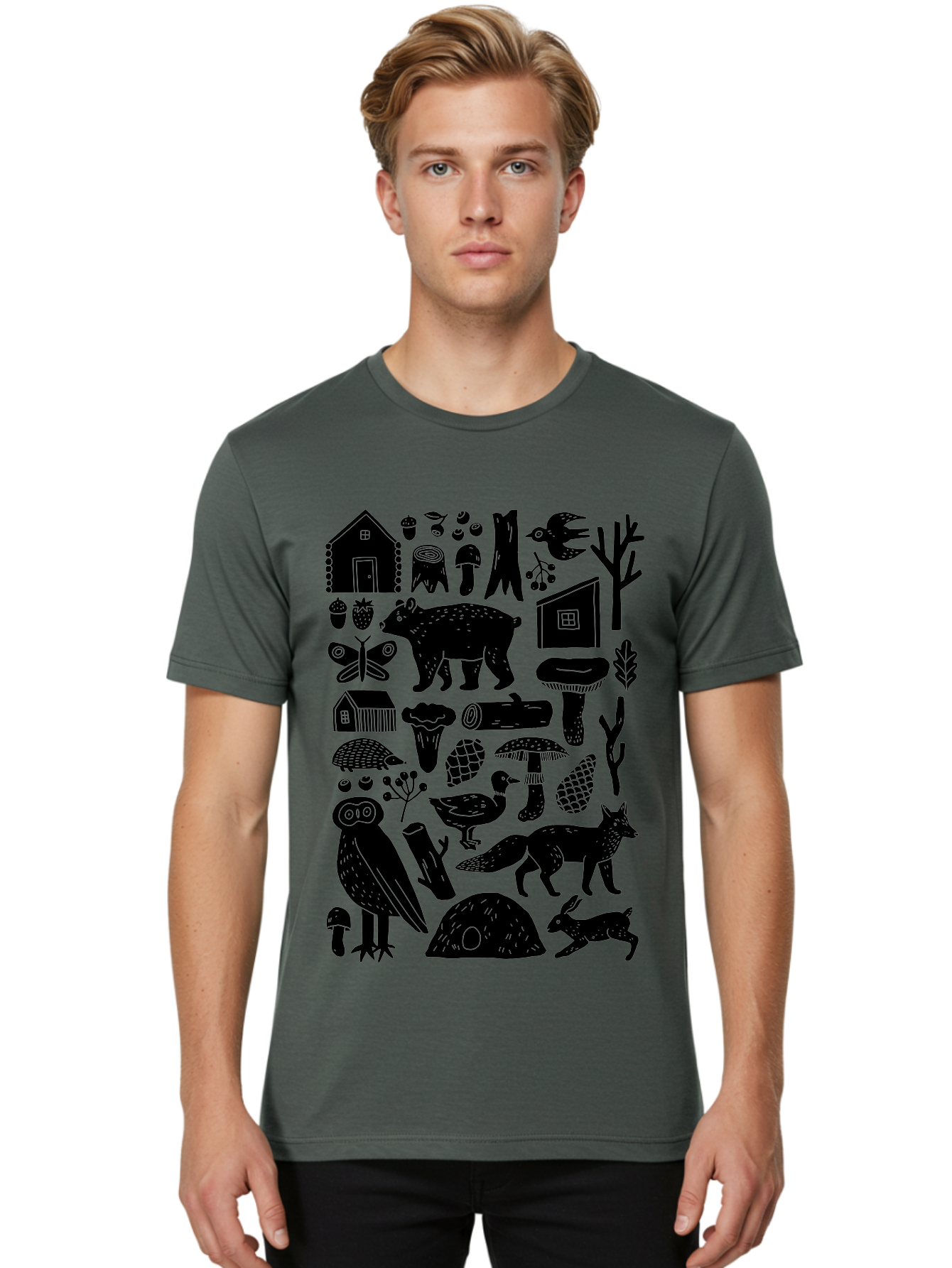 Forest-Creatures Men'S Graphic Tee, 100% Cotton, Comfortable Casual Summer Wear, Machine Washable, Forest Wildlife, Bear, Owl, Fox, Rabbit, Birds, Trees, Mushrooms, Houses, Log, Berries, Butterfly, Duck, Natural Scenery, Wildlife Icons, -  Aaa593