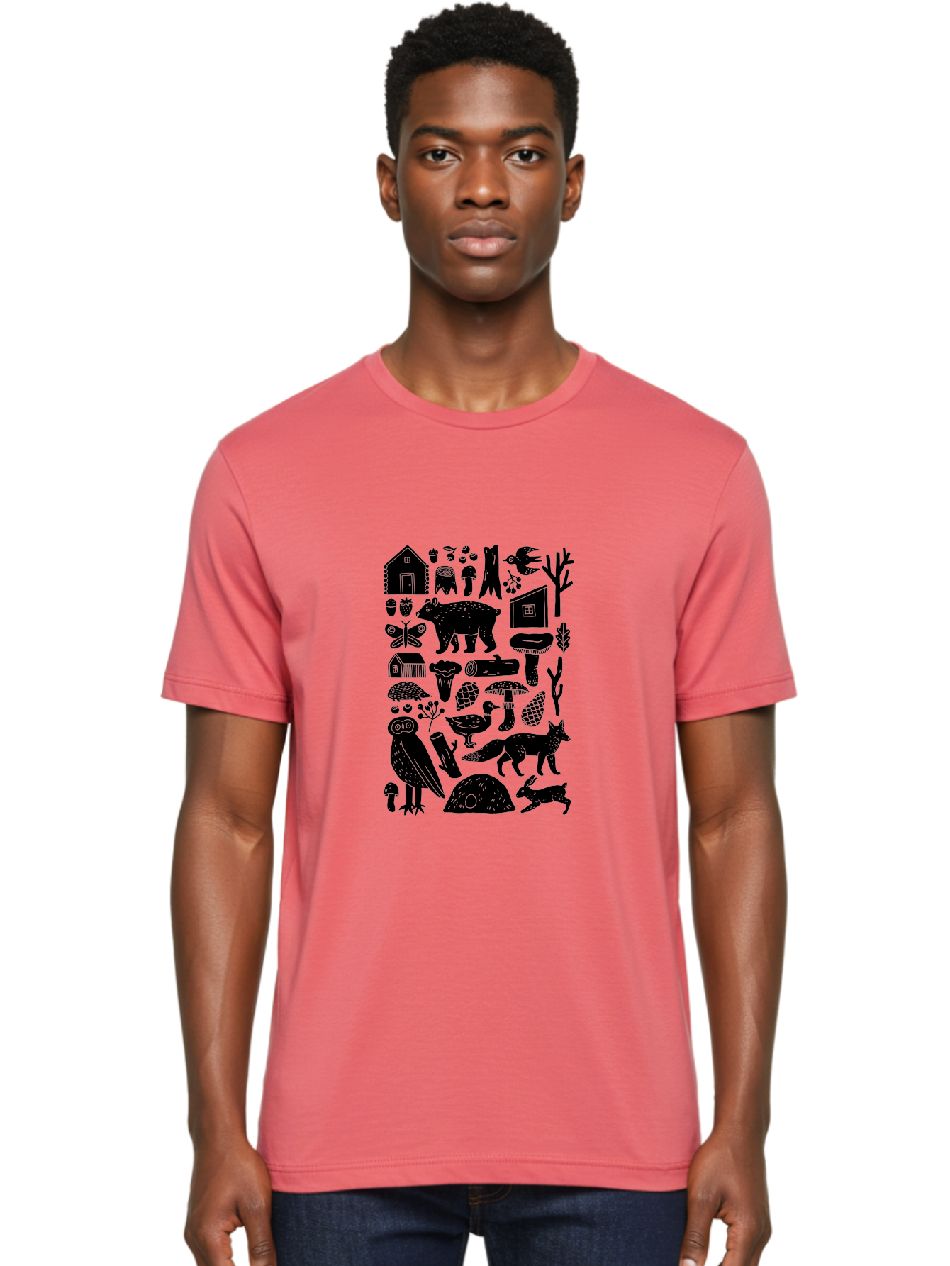 Forest-Creatures Men'S Graphic Tee, 100% Cotton, Comfortable Casual Summer Wear, Machine Washable, Forest Wildlife, Bear, Owl, Fox, Rabbit, Birds, Trees, Mushrooms, Houses, Log, Berries, Butterfly, Duck, Natural Scenery, Wildlife Icons, -  Aaa593