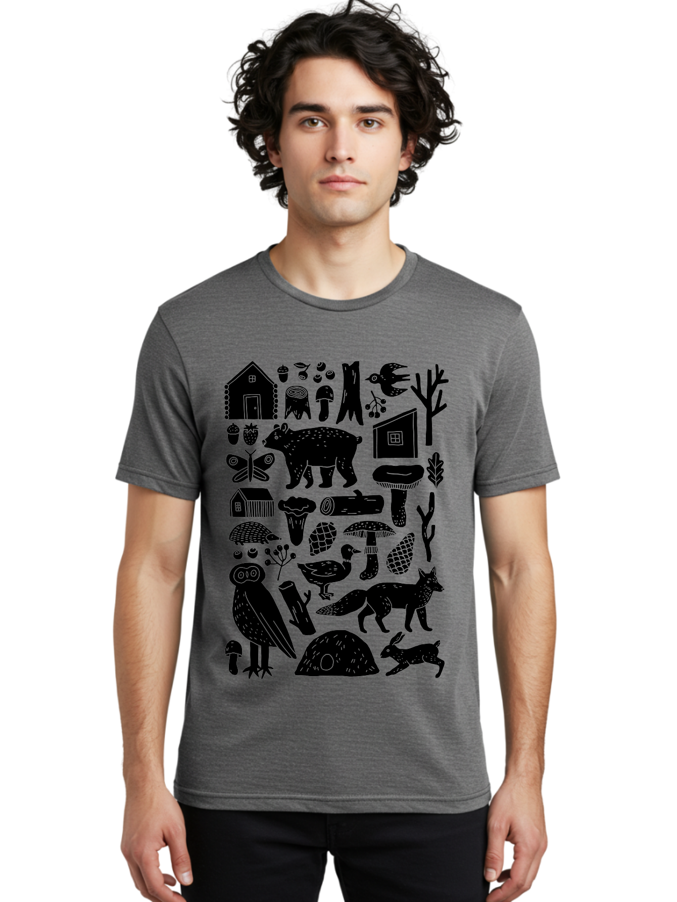 Forest-Creatures Men'S Graphic Tee, 100% Cotton, Comfortable Casual Summer Wear, Machine Washable, Forest Wildlife, Bear, Owl, Fox, Rabbit, Birds, Trees, Mushrooms, Houses, Log, Berries, Butterfly, Duck, Natural Scenery, Wildlife Icons, -  Aaa593
