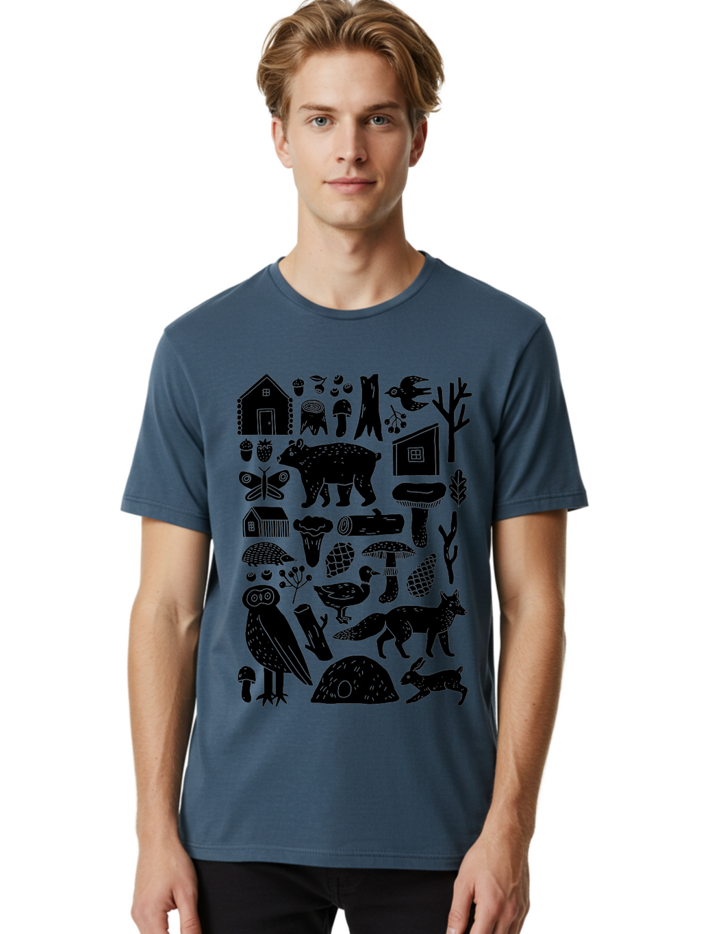 Forest-Creatures Men'S Graphic Tee, 100% Cotton, Comfortable Casual Summer Wear, Machine Washable, Forest Wildlife, Bear, Owl, Fox, Rabbit, Birds, Trees, Mushrooms, Houses, Log, Berries, Butterfly, Duck, Natural Scenery, Wildlife Icons, -  Aaa593