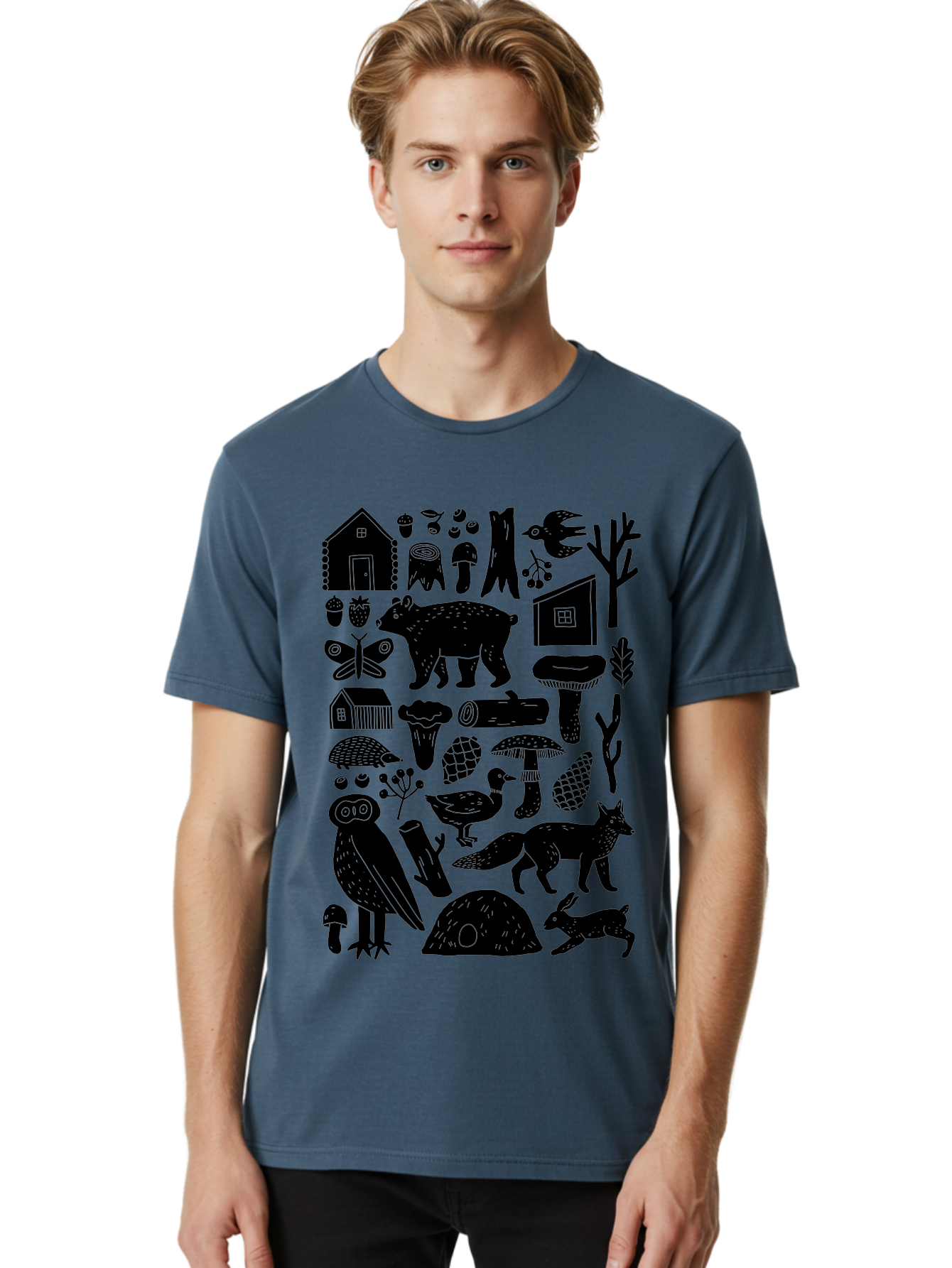 Forest-Creatures Men'S Graphic Tee, 100% Cotton, Comfortable Casual Summer Wear, Machine Washable, Forest Wildlife, Bear, Owl, Fox, Rabbit, Birds, Trees, Mushrooms, Houses, Log, Berries, Butterfly, Duck, Natural Scenery, Wildlife Icons, -  Aaa593