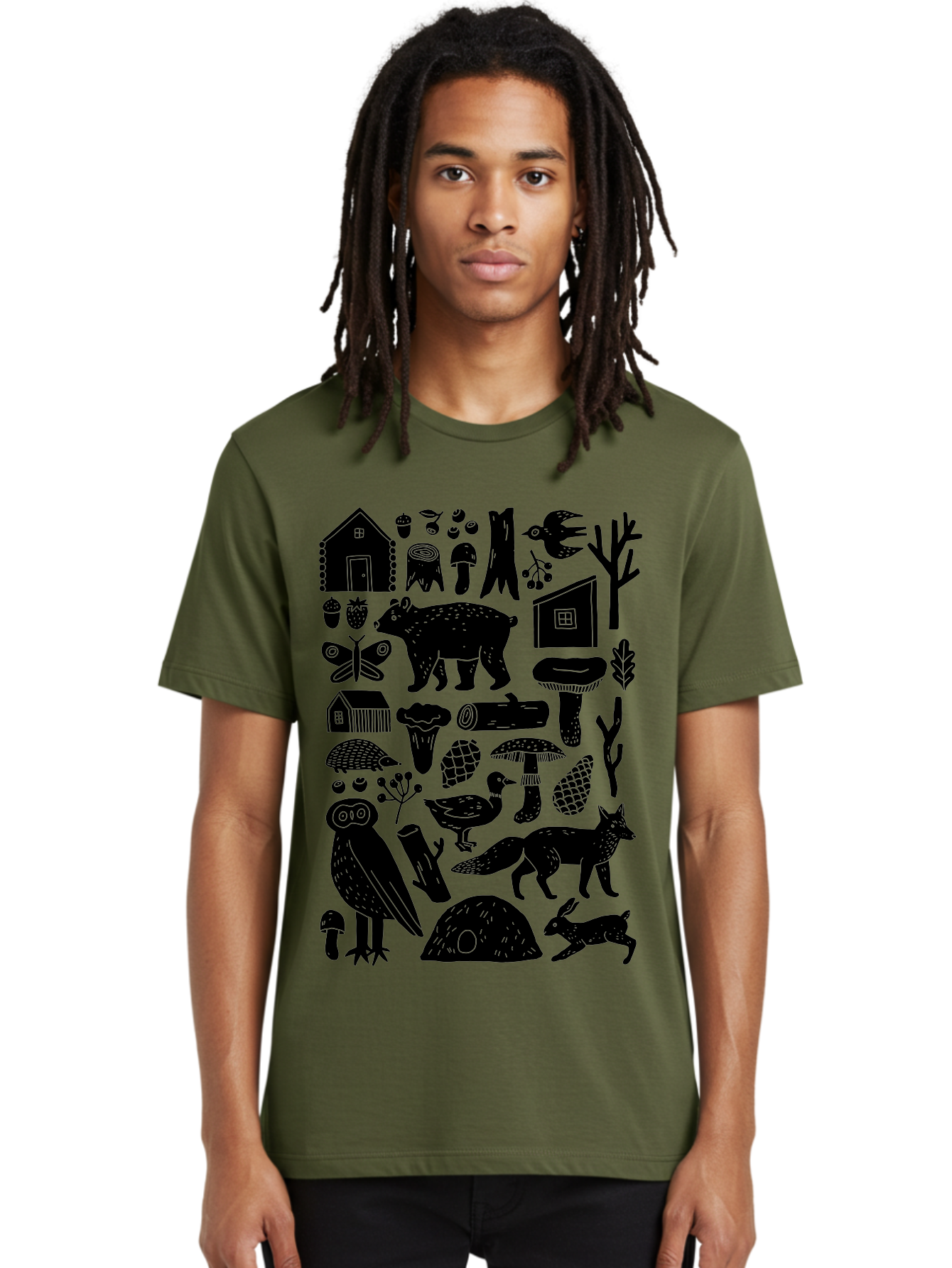 Forest-Creatures Men'S Graphic Tee, 100% Cotton, Comfortable Casual Summer Wear, Machine Washable, Forest Wildlife, Bear, Owl, Fox, Rabbit, Birds, Trees, Mushrooms, Houses, Log, Berries, Butterfly, Duck, Natural Scenery, Wildlife Icons, -  Aaa593