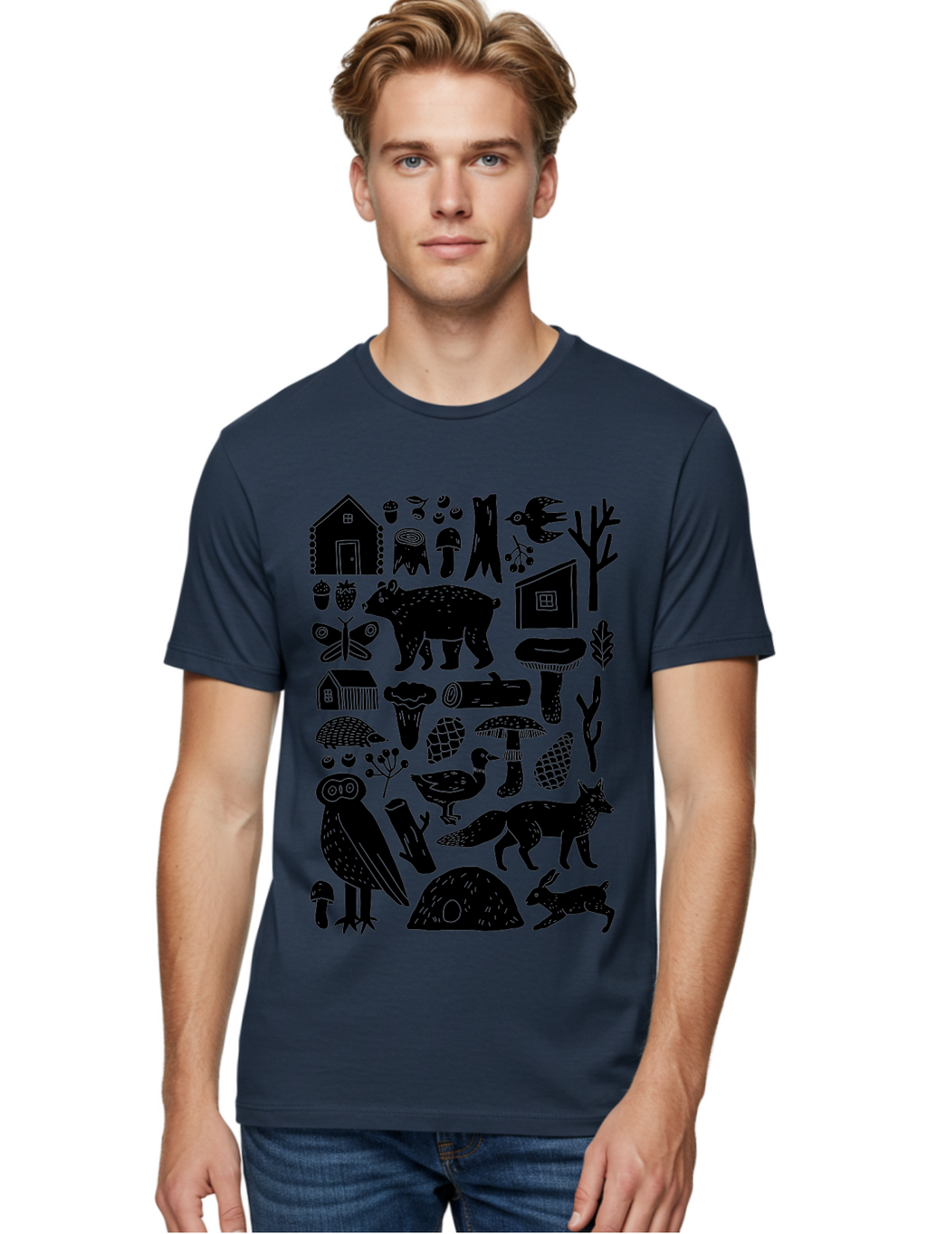 Forest-Creatures Men'S Graphic Tee, 100% Cotton, Comfortable Casual Summer Wear, Machine Washable, Forest Wildlife, Bear, Owl, Fox, Rabbit, Birds, Trees, Mushrooms, Houses, Log, Berries, Butterfly, Duck, Natural Scenery, Wildlife Icons, -  Aaa593