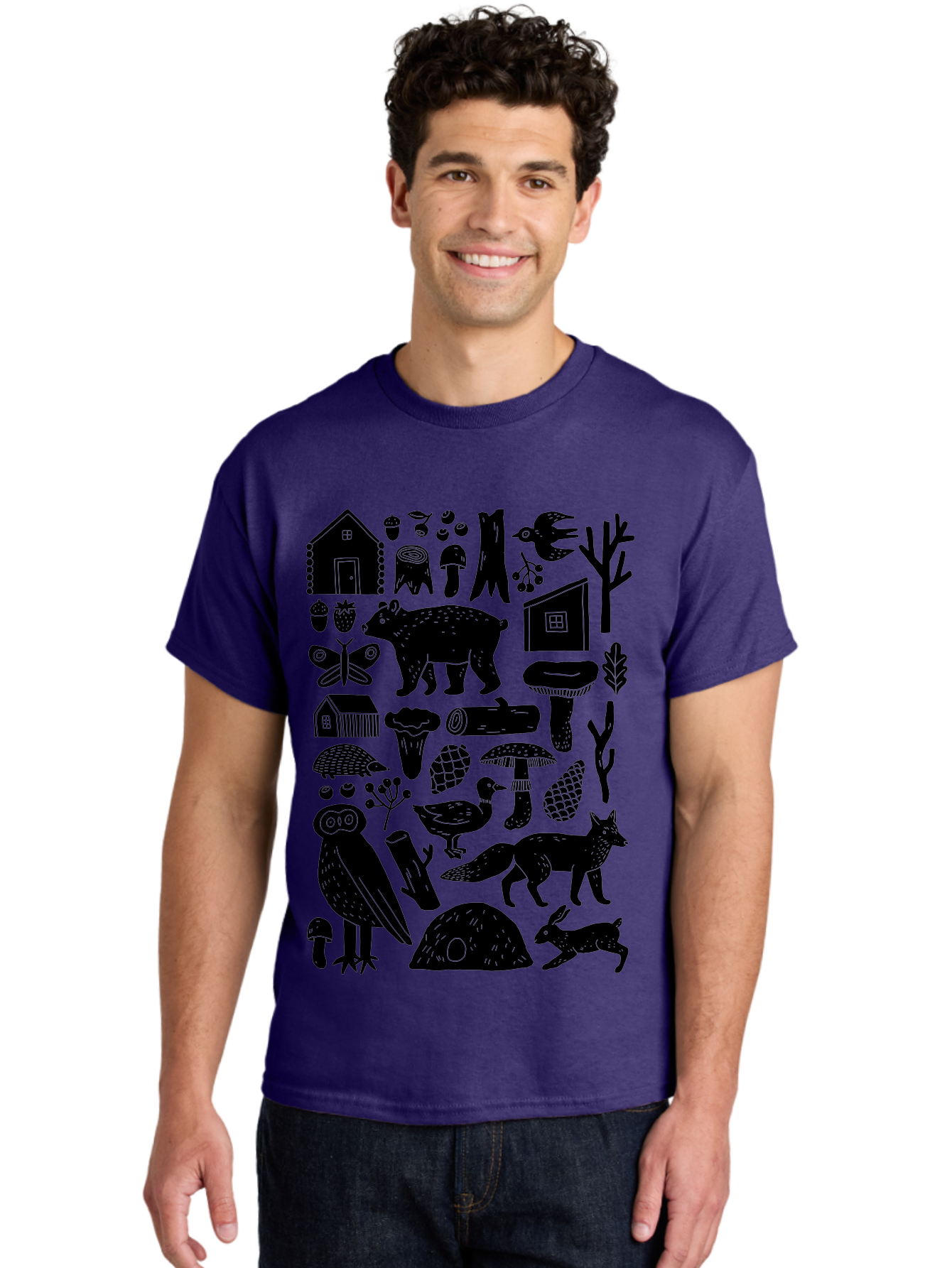 Forest-Creatures Men'S Graphic Tee, 100% Cotton, Comfortable Casual Summer Wear, Machine Washable, Forest Wildlife, Bear, Owl, Fox, Rabbit, Birds, Trees, Mushrooms, Houses, Log, Berries, Butterfly, Duck, Natural Scenery, Wildlife Icons, -  Aaa593