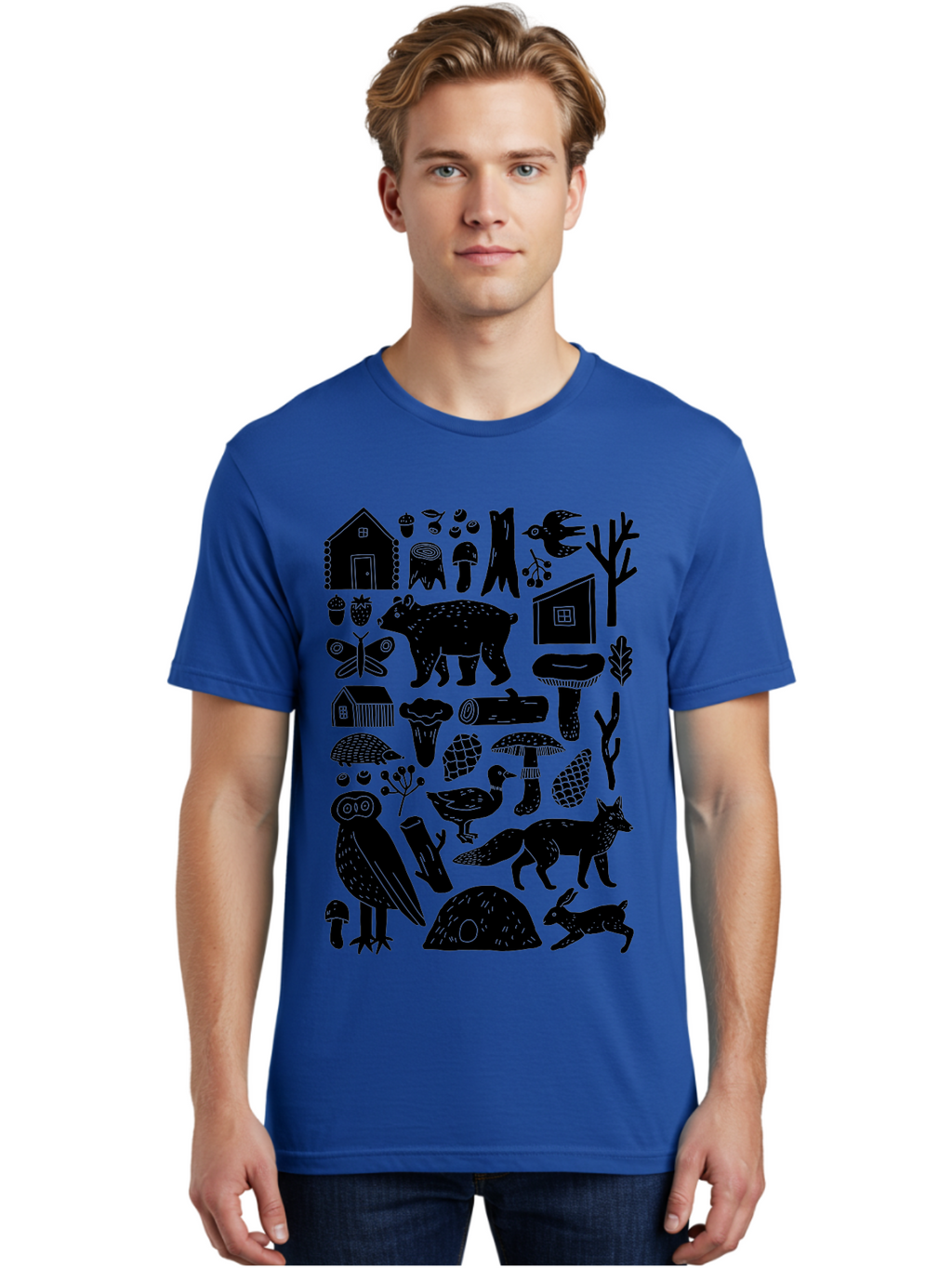 Forest-Creatures Men'S Graphic Tee, 100% Cotton, Comfortable Casual Summer Wear, Machine Washable, Forest Wildlife, Bear, Owl, Fox, Rabbit, Birds, Trees, Mushrooms, Houses, Log, Berries, Butterfly, Duck, Natural Scenery, Wildlife Icons, -  Aaa593
