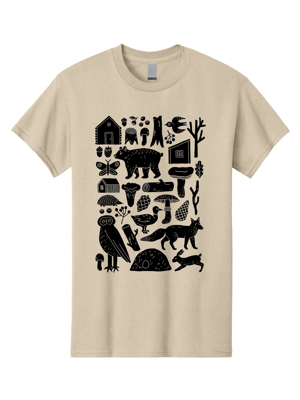 Forest-Creatures Men'S Graphic Tee, 100% Cotton, Comfortable Casual Summer Wear, Machine Washable, Forest Wildlife, Bear, Owl, Fox, Rabbit, Birds, Trees, Mushrooms, Houses, Log, Berries, Butterfly, Duck, Natural Scenery, Wildlife Icons, -  Aaa593