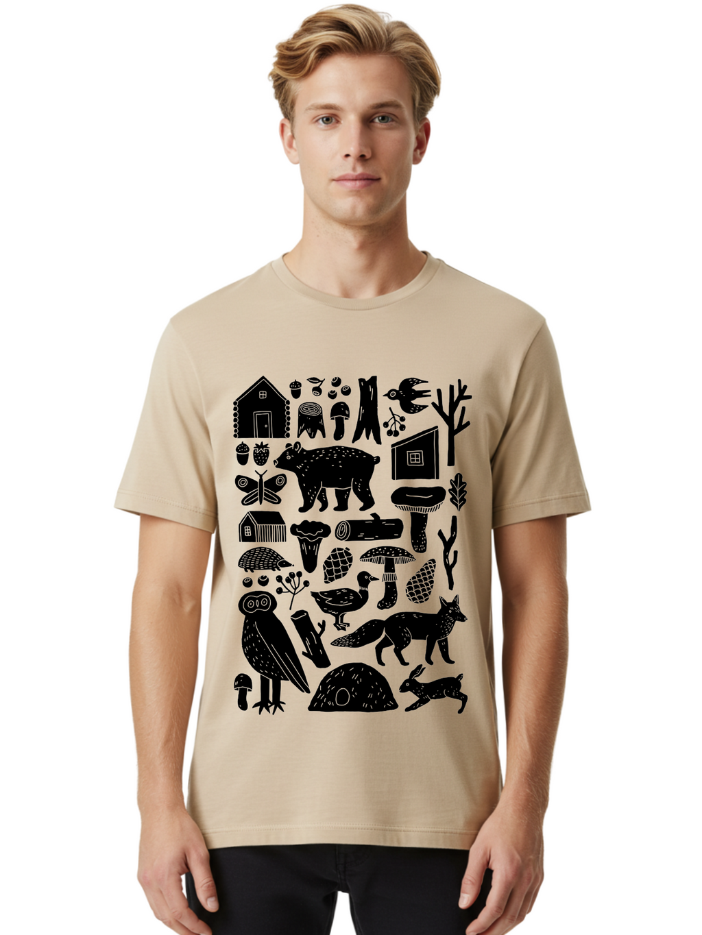 Forest-Creatures Men'S Graphic Tee, 100% Cotton, Comfortable Casual Summer Wear, Machine Washable, Forest Wildlife, Bear, Owl, Fox, Rabbit, Birds, Trees, Mushrooms, Houses, Log, Berries, Butterfly, Duck, Natural Scenery, Wildlife Icons, -  Aaa593