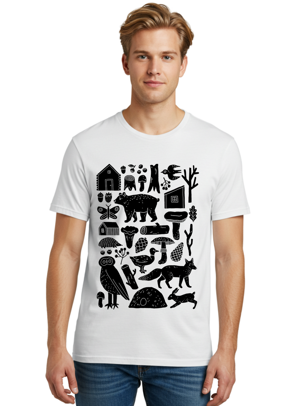Forest-Creatures Men'S Graphic Tee, 100% Cotton, Comfortable Casual Summer Wear, Machine Washable, Forest Wildlife, Bear, Owl, Fox, Rabbit, Birds, Trees, Mushrooms, Houses, Log, Berries, Butterfly, Duck, Natural Scenery, Wildlife Icons, -  Aaa593