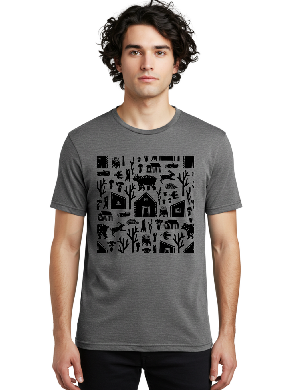 Forest-Pattern Men'S Graphic Tee, 100% Cotton, Comfortable Casual Summer Wear, Machine Washable, Woodland Animals, Forest Scenery, Trees, Houses, Mushrooms, Rabbit, Bear, Log Cabin, Wildlife, Nature-Inspired Design, Cozy Atmosphere, -  Aaa594