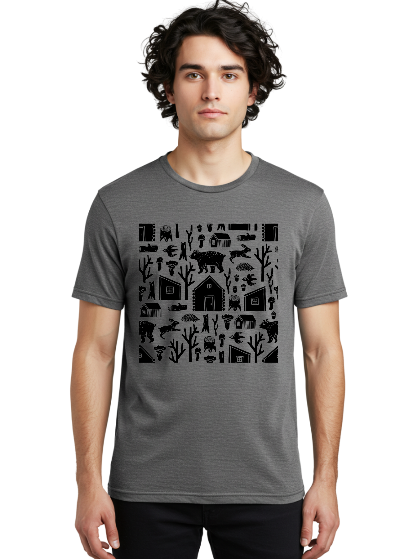 Forest-Pattern Men'S Graphic Tee, 100% Cotton, Comfortable Casual Summer Wear, Machine Washable, Woodland Animals, Forest Scenery, Trees, Houses, Mushrooms, Rabbit, Bear, Log Cabin, Wildlife, Nature-Inspired Design, Cozy Atmosphere, -  Aaa594