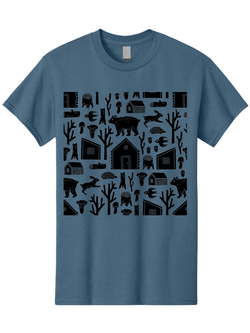 Forest-Pattern Men'S Graphic Tee, 100% Cotton, Comfortable Casual Summer Wear, Machine Washable, Woodland Animals, Forest Scenery, Trees, Houses, Mushrooms, Rabbit, Bear, Log Cabin, Wildlife, Nature-Inspired Design, Cozy Atmosphere, -  Aaa594