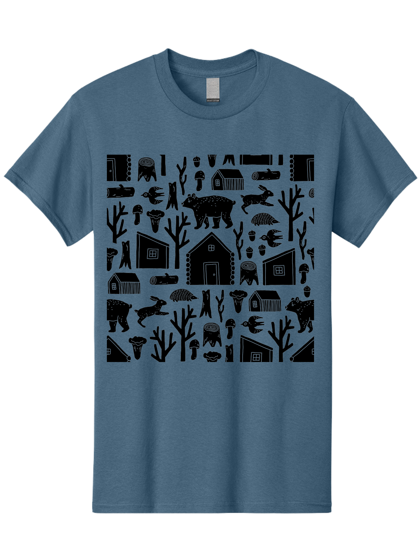 Forest-Pattern Men'S Graphic Tee, 100% Cotton, Comfortable Casual Summer Wear, Machine Washable, Woodland Animals, Forest Scenery, Trees, Houses, Mushrooms, Rabbit, Bear, Log Cabin, Wildlife, Nature-Inspired Design, Cozy Atmosphere, -  Aaa594