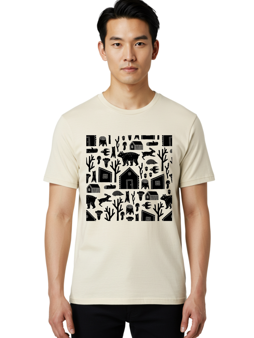 Forest-Pattern Men'S Graphic Tee, 100% Cotton, Comfortable Casual Summer Wear, Machine Washable, Woodland Animals, Forest Scenery, Trees, Houses, Mushrooms, Rabbit, Bear, Log Cabin, Wildlife, Nature-Inspired Design, Cozy Atmosphere, -  Aaa594
